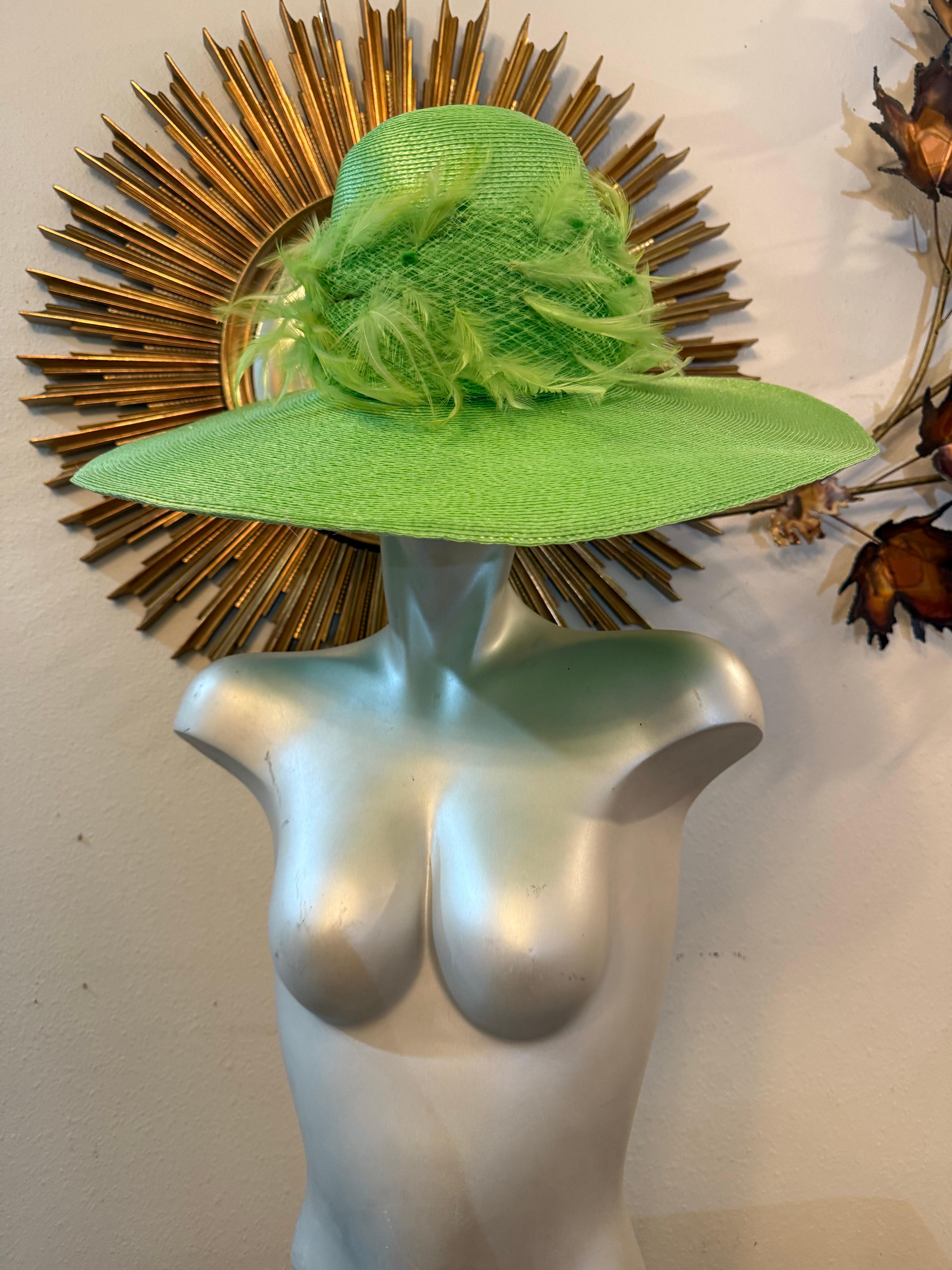 Custom-Made Neon Green Straw Wide-Brim Hat Tall Crown w Netting & Feathers For Sale 4