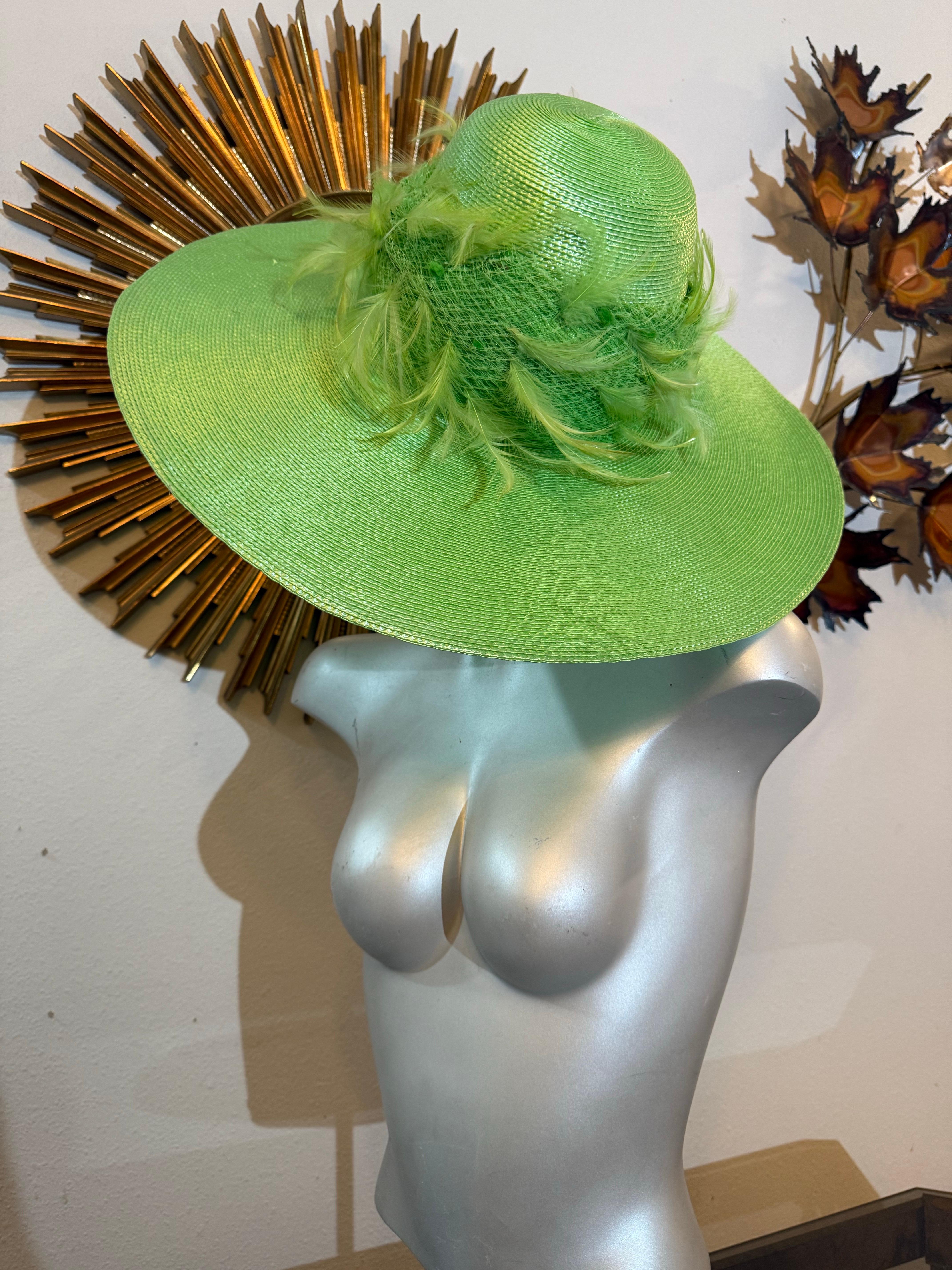 Custom-Made Neon Green Straw Wide-Brim Hat Tall Crown w Netting & Feathers For Sale 5