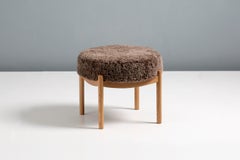 Custom Made Oak and Shearling Round Ottoman