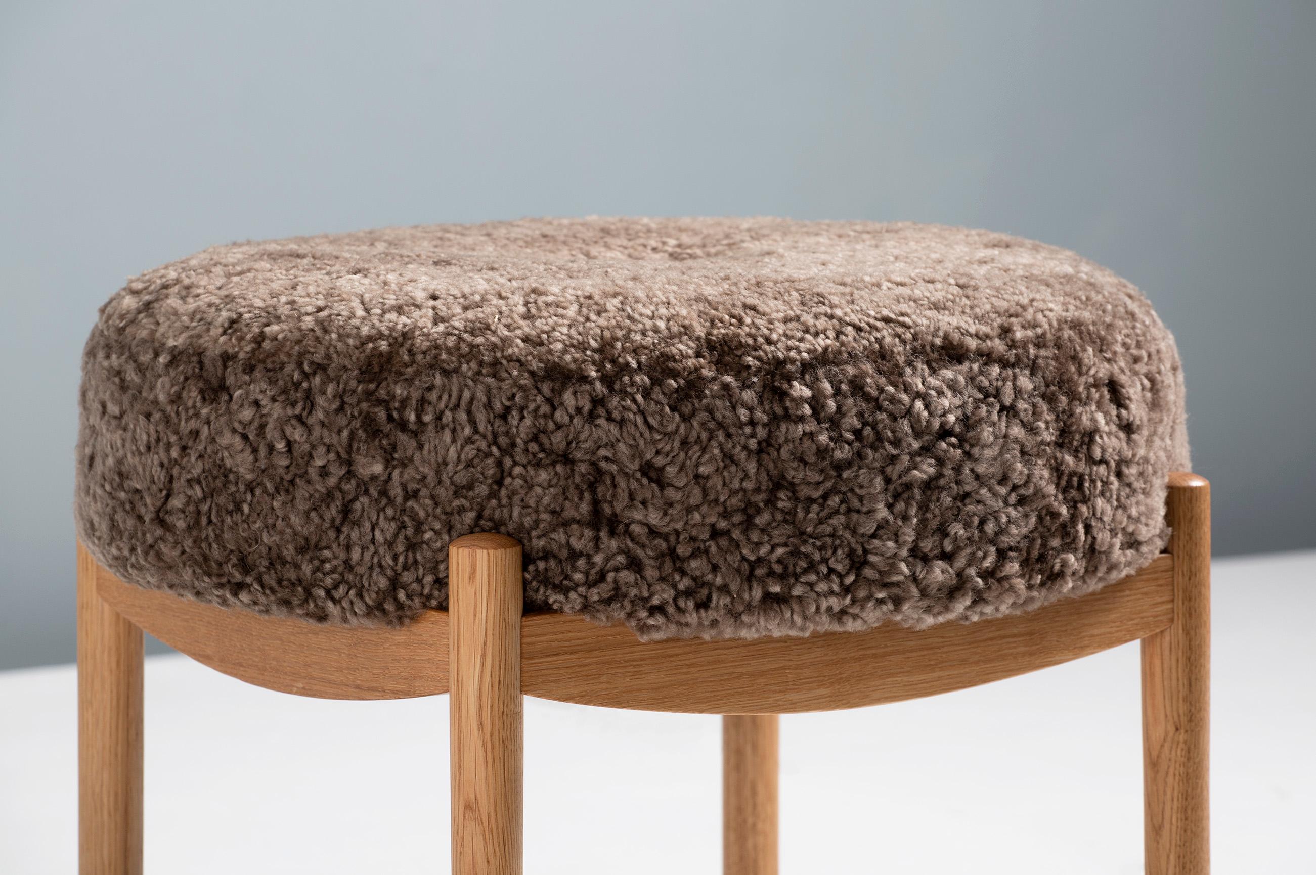 Scandinavian Modern Custom Made Oak and Shearling Round Ottoman For Sale