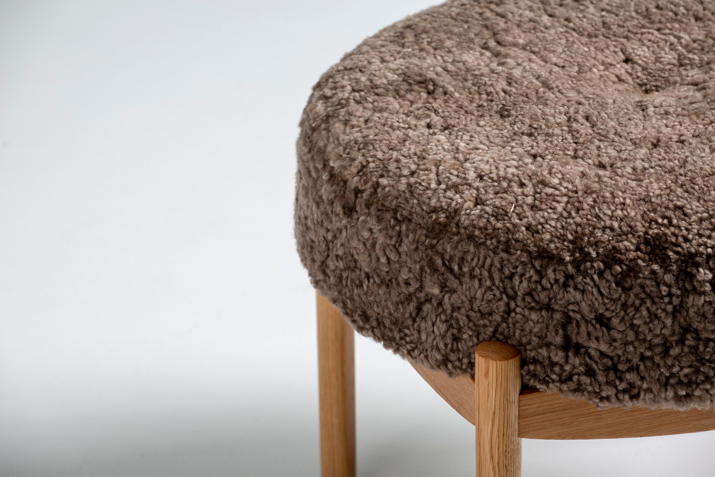 British Custom Made Oak and Shearling Round Ottoman For Sale