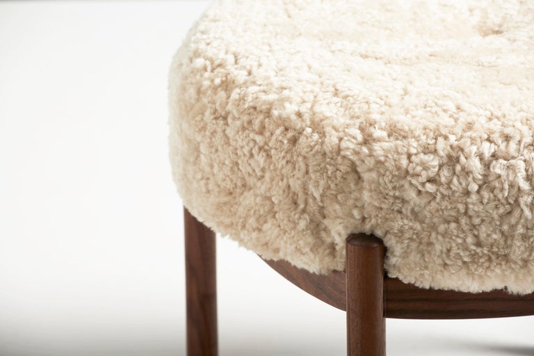 Fabric Custom Made Walnut and Shearling Round Ottoman For Sale