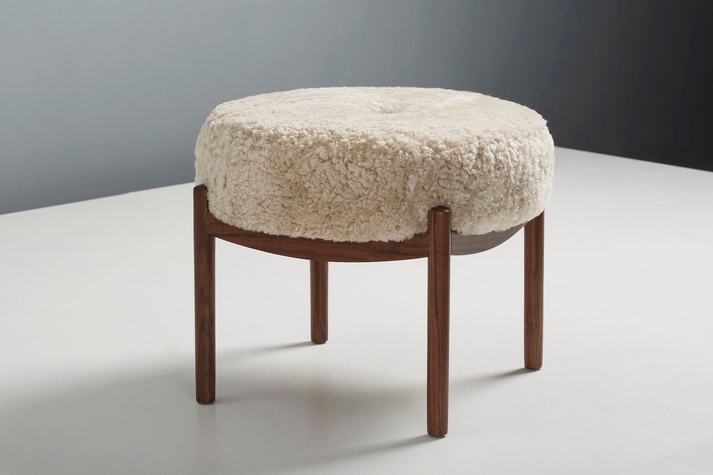 Custom Made Walnut and Shearling Round Ottoman For Sale 1