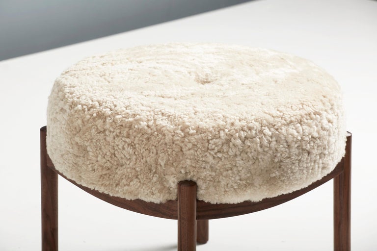Custom Made Walnut and Shearling Round Ottoman For Sale 2