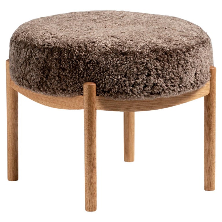 Custom Made Oak and Shearling Round Ottoman For Sale