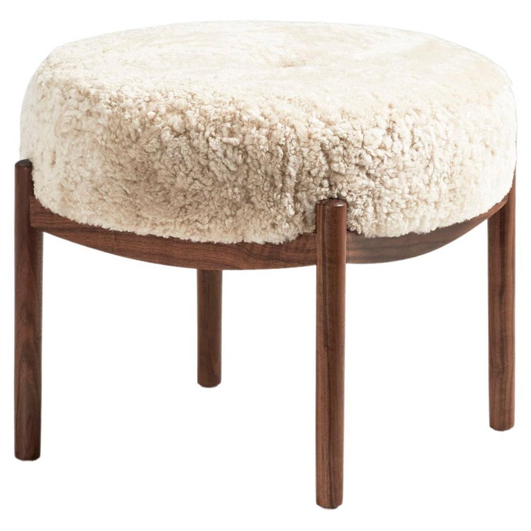 Custom Made Walnut and Shearling Round Ottoman For Sale