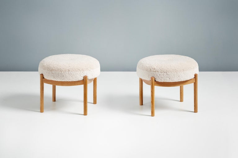 Custom Made Oiled Oak and Shearling Round Ottoman For Sale at 1stDibs