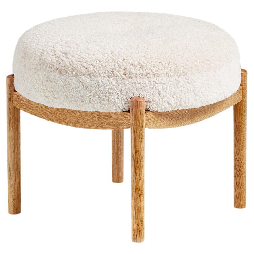Custom Made Oiled Oak and Shearling Round Ottoman