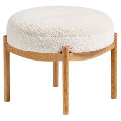 Custom Made Oiled Oak and Shearling Round Ottoman