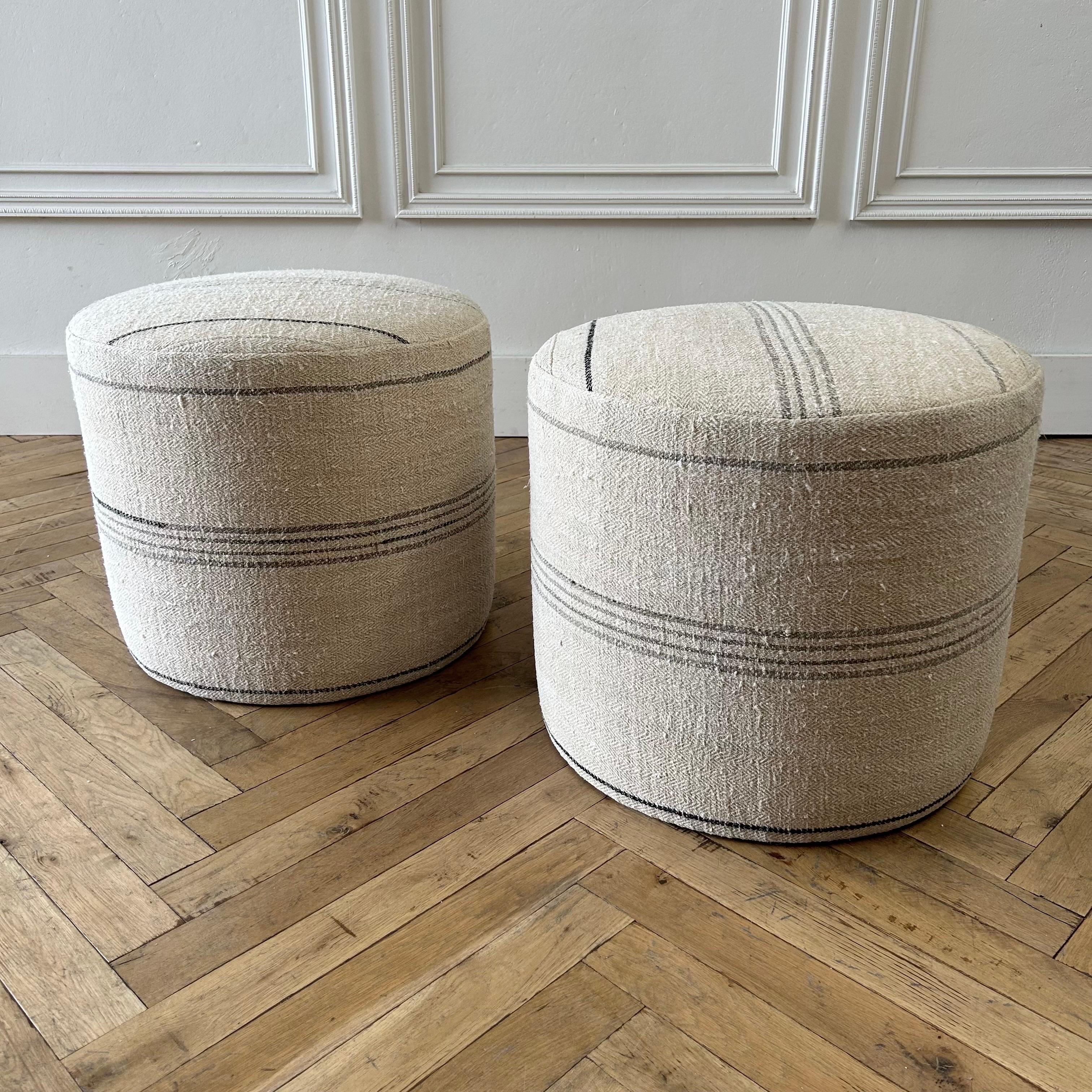 Custom Made One of a Kind European Flax Stripe Round Ottomans 5