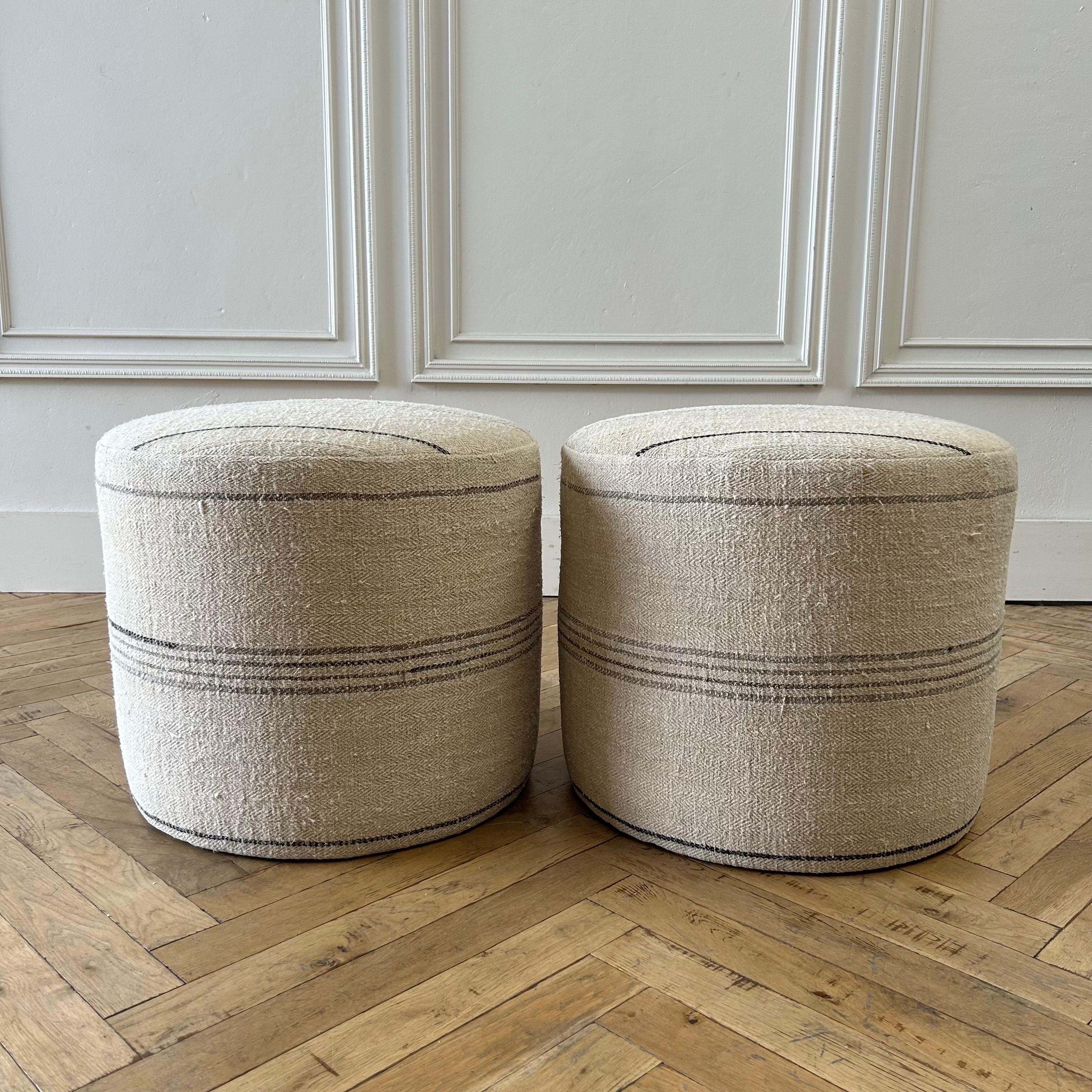 Custom Made One of a Kind European Flax Stripe Round Ottomans In New Condition In Old Town Orange, CA