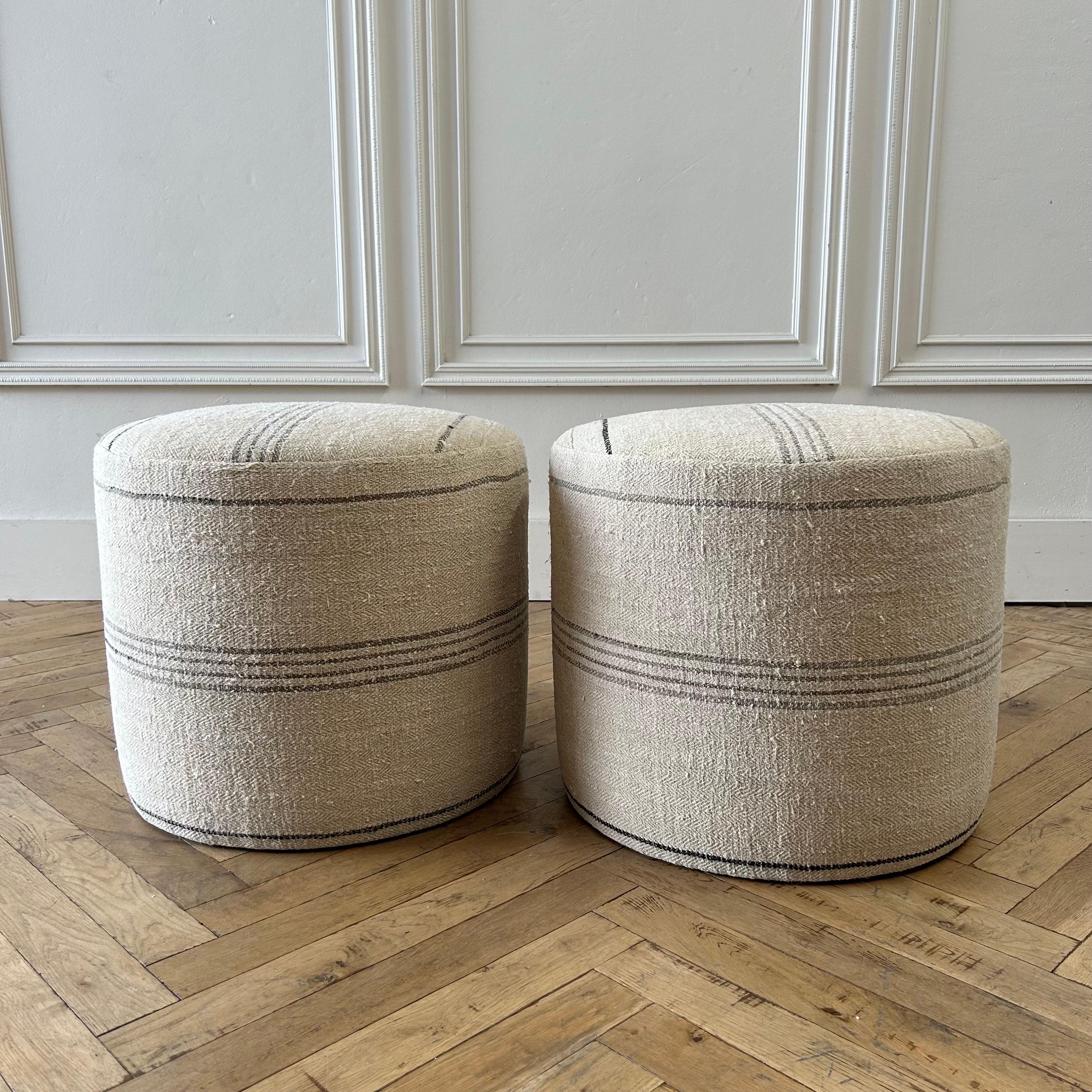 Contemporary Custom Made One of a Kind European Flax Stripe Round Ottomans