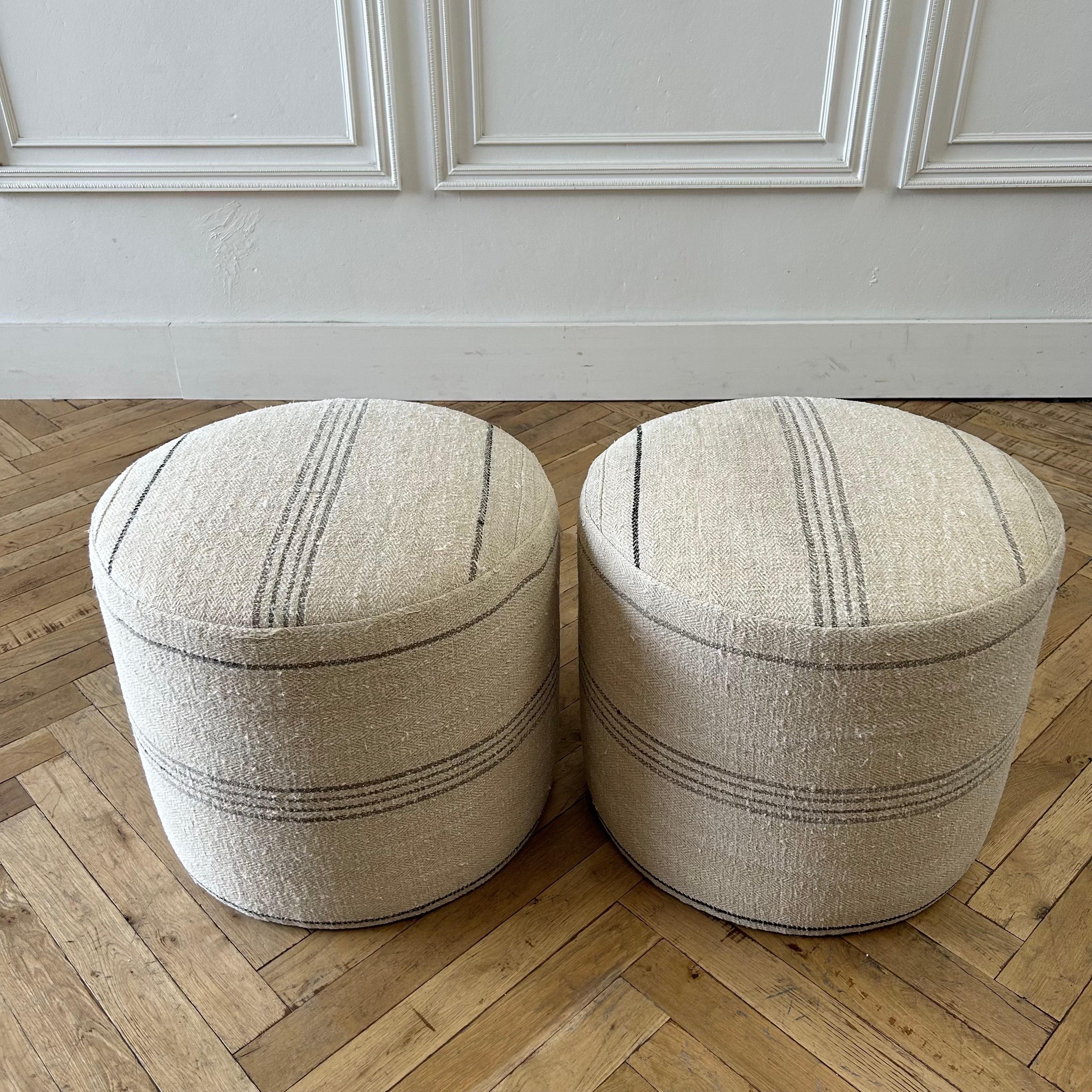 Linen Custom Made One of a Kind European Flax Stripe Round Ottomans