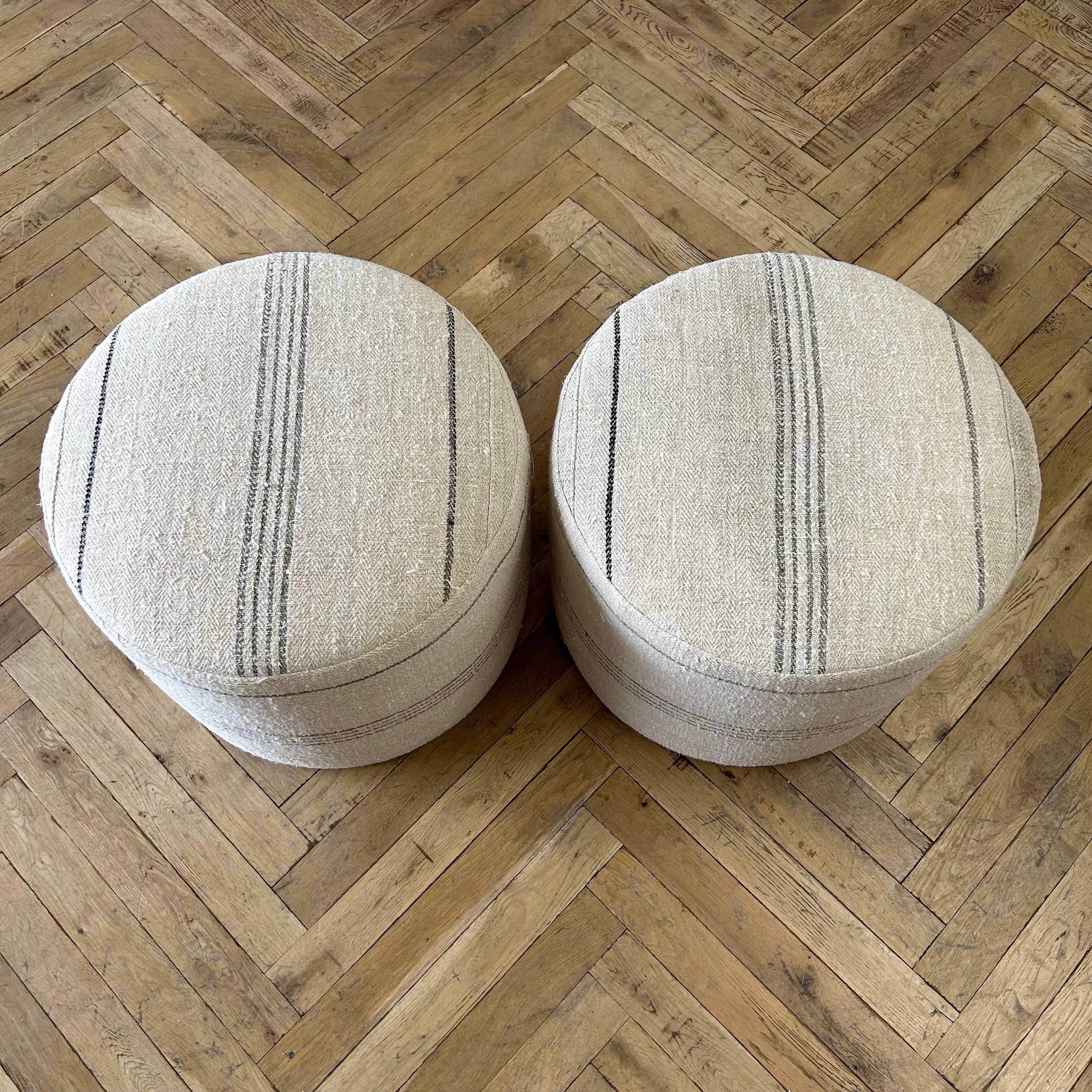 Custom Made One of a Kind European Flax Stripe Round Ottomans 1