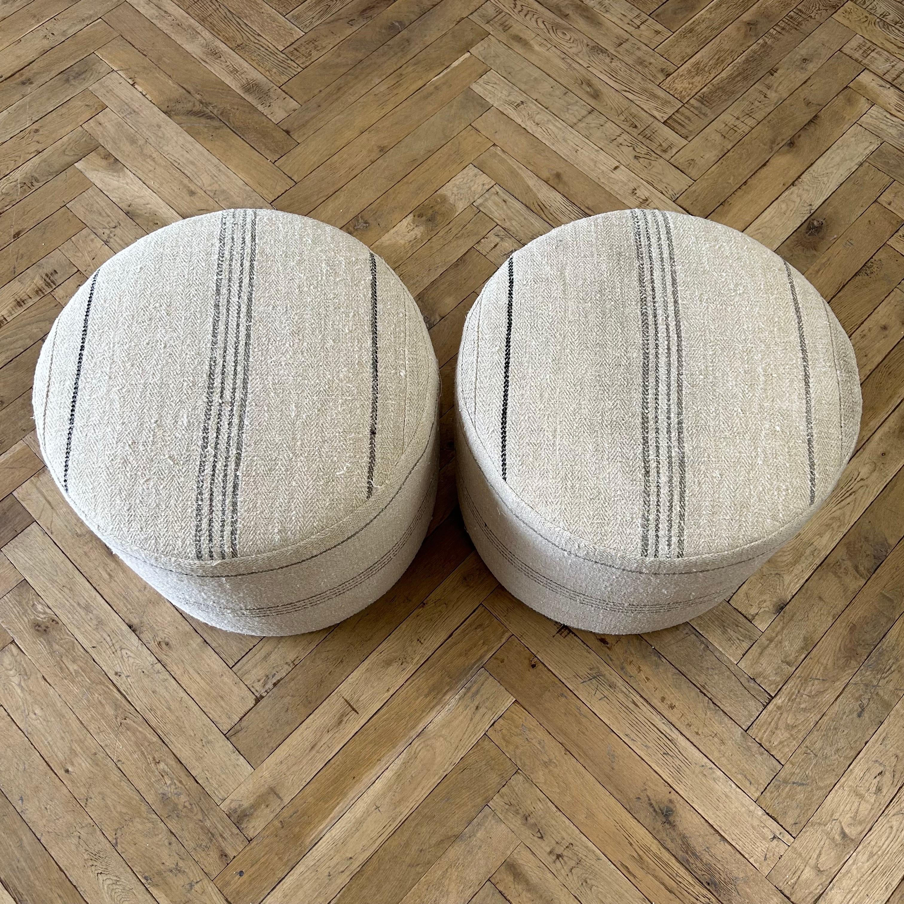 Custom Made One of a Kind European Flax Stripe Round Ottomans 2