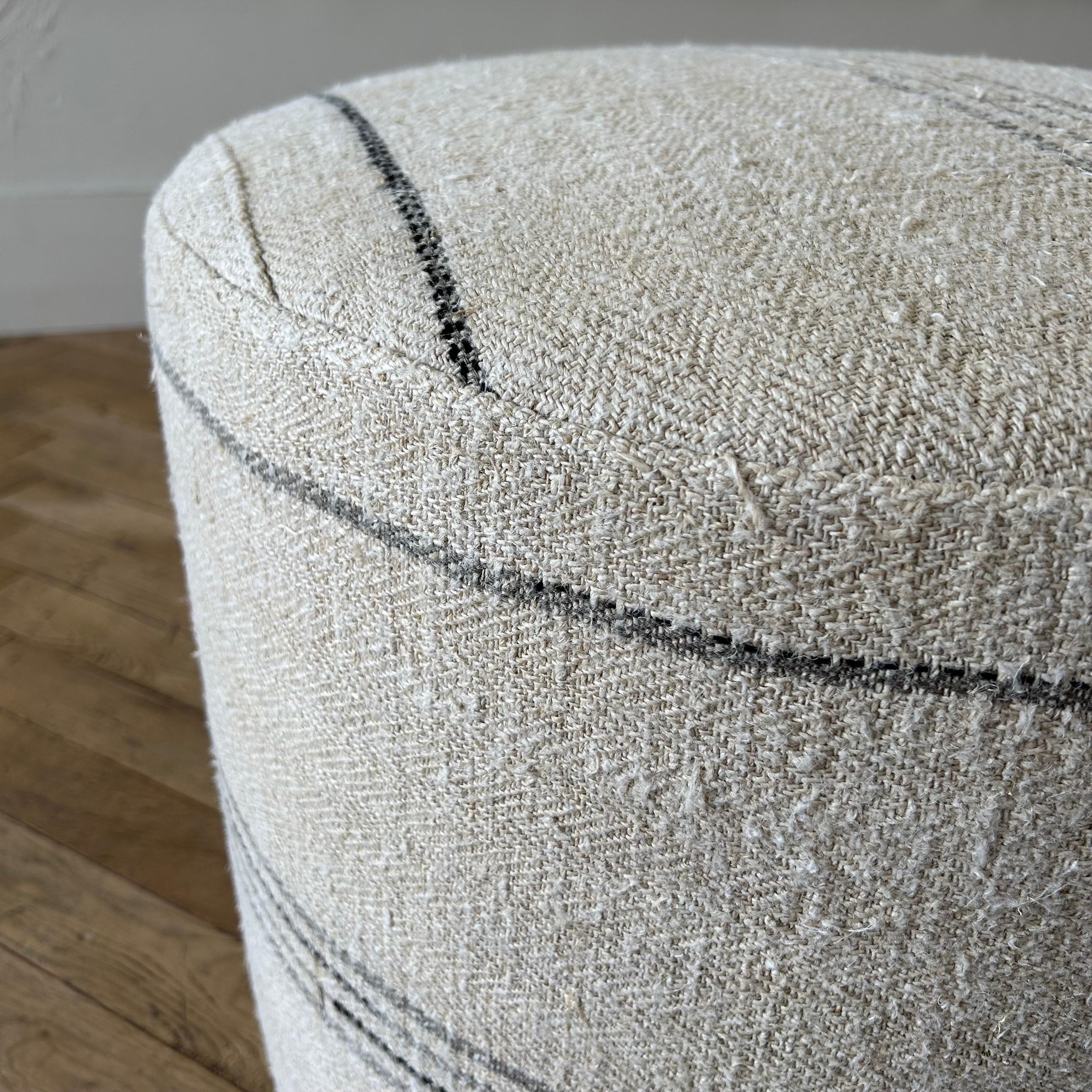 Custom Made One of a Kind European Flax Stripe Round Ottomans 3