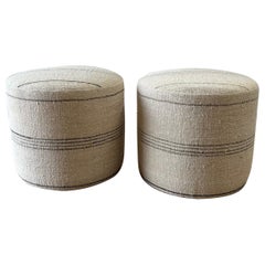Custom Made One of a Kind European Flax Stripe Round Ottomans