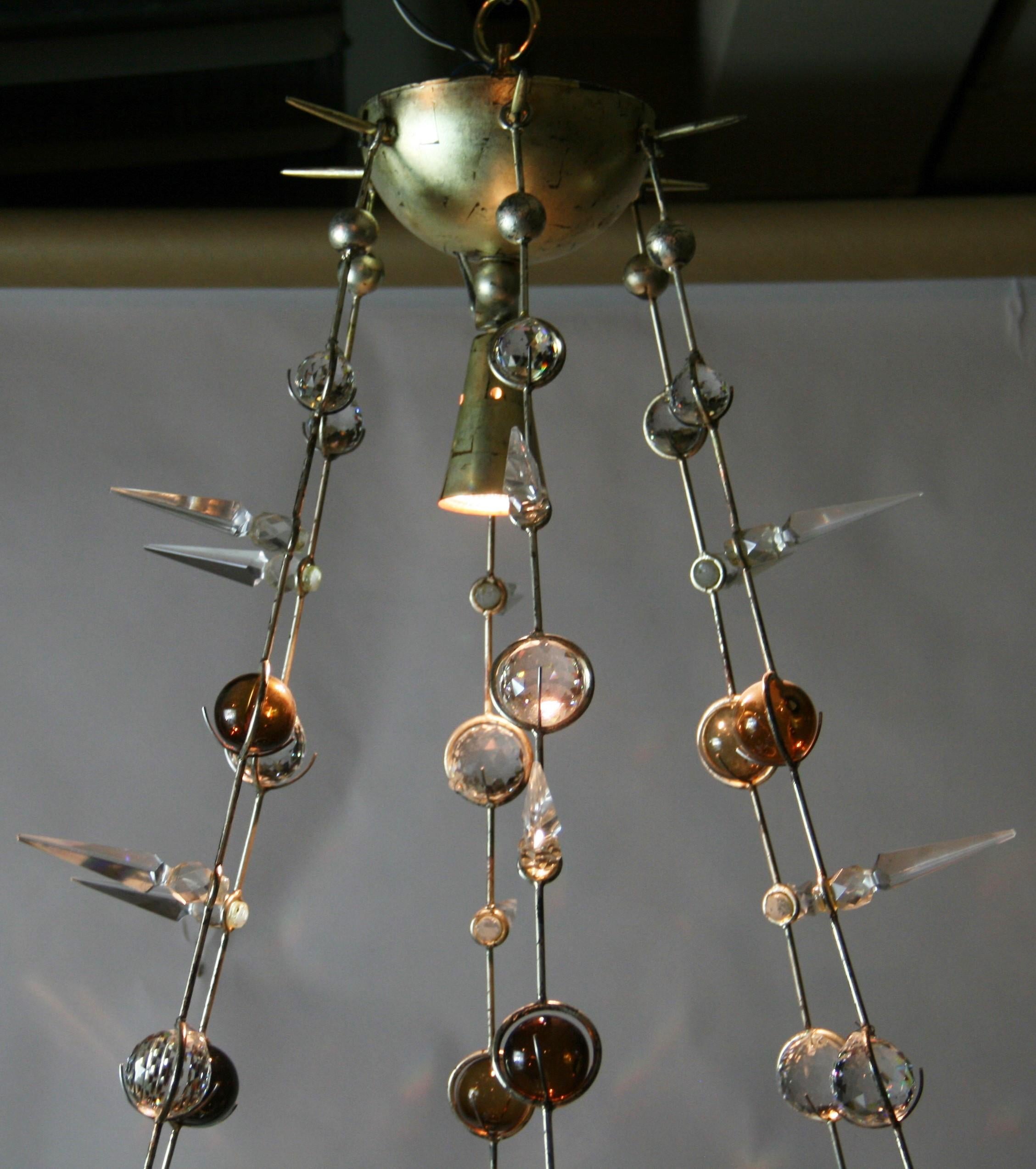 Brass Custom Made One of a Kind Planetary Crystal Chandelier For Sale