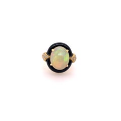 Custom Made Opal Ring with Onyx and Diamonds in 18k Yellow Gold
