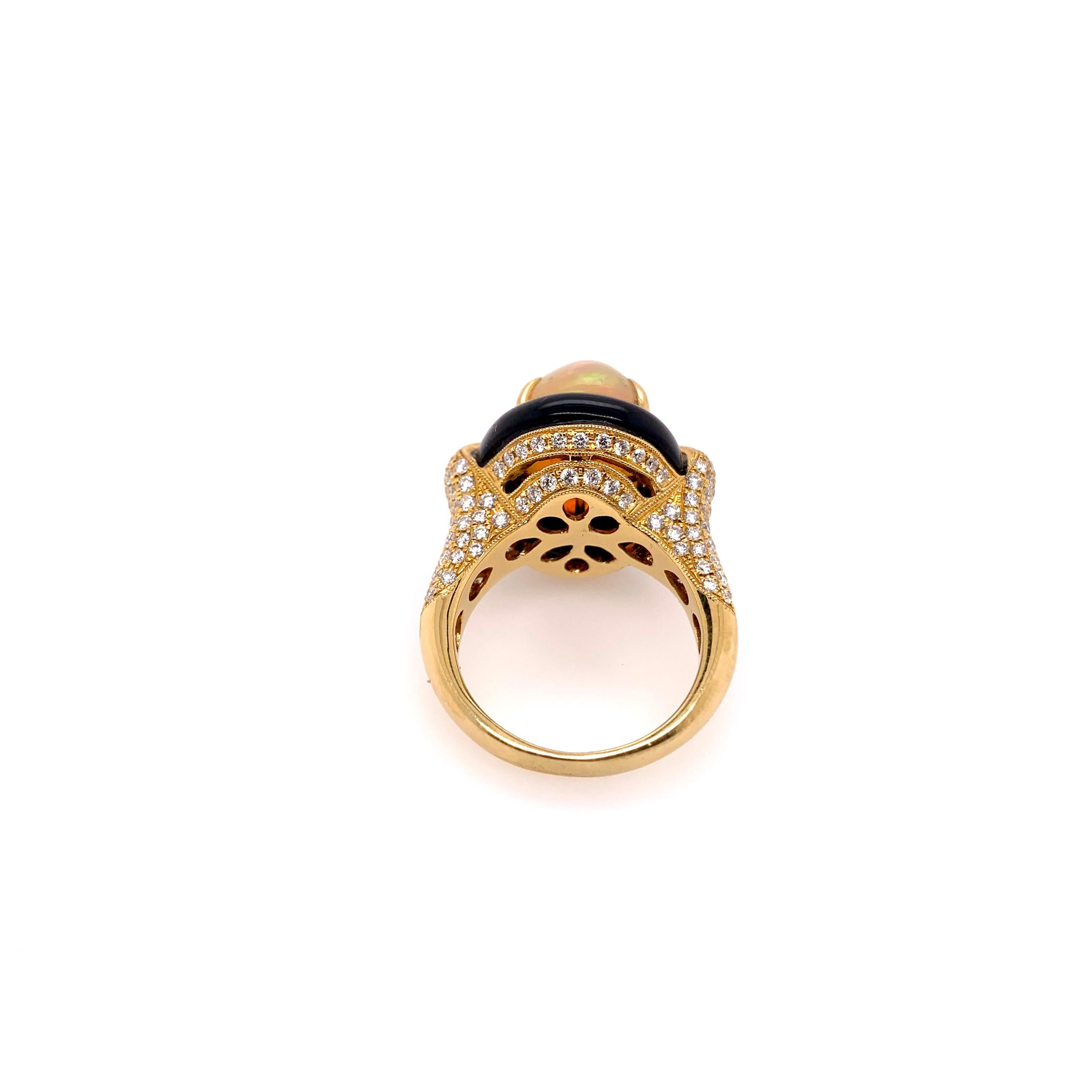 Contemporary Custom Made Opal Ring with Onyx and Diamonds in 18k Yellow Gold For Sale