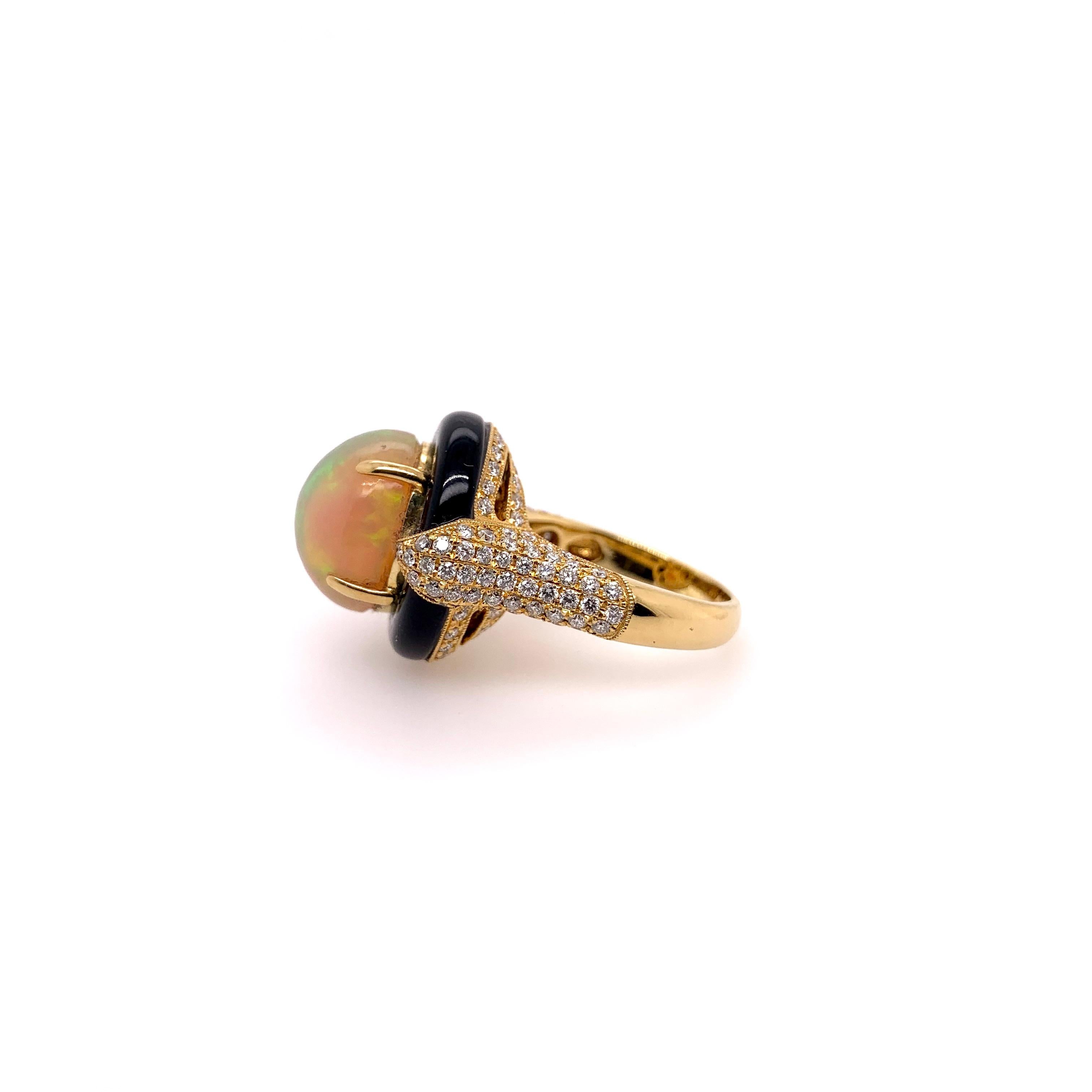 Oval Cut Custom Made Opal Ring with Onyx and Diamonds in 18k Yellow Gold For Sale