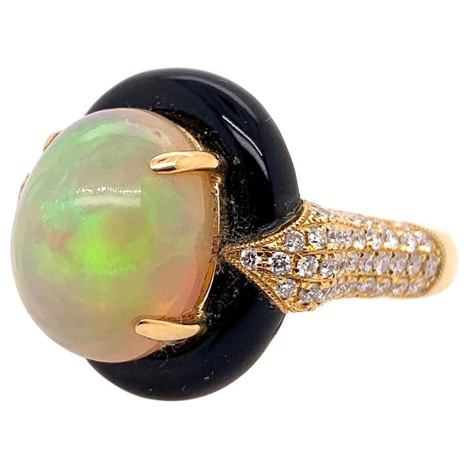 Custom Made Opal Ring with Onyx and Diamonds in 18k Yellow Gold