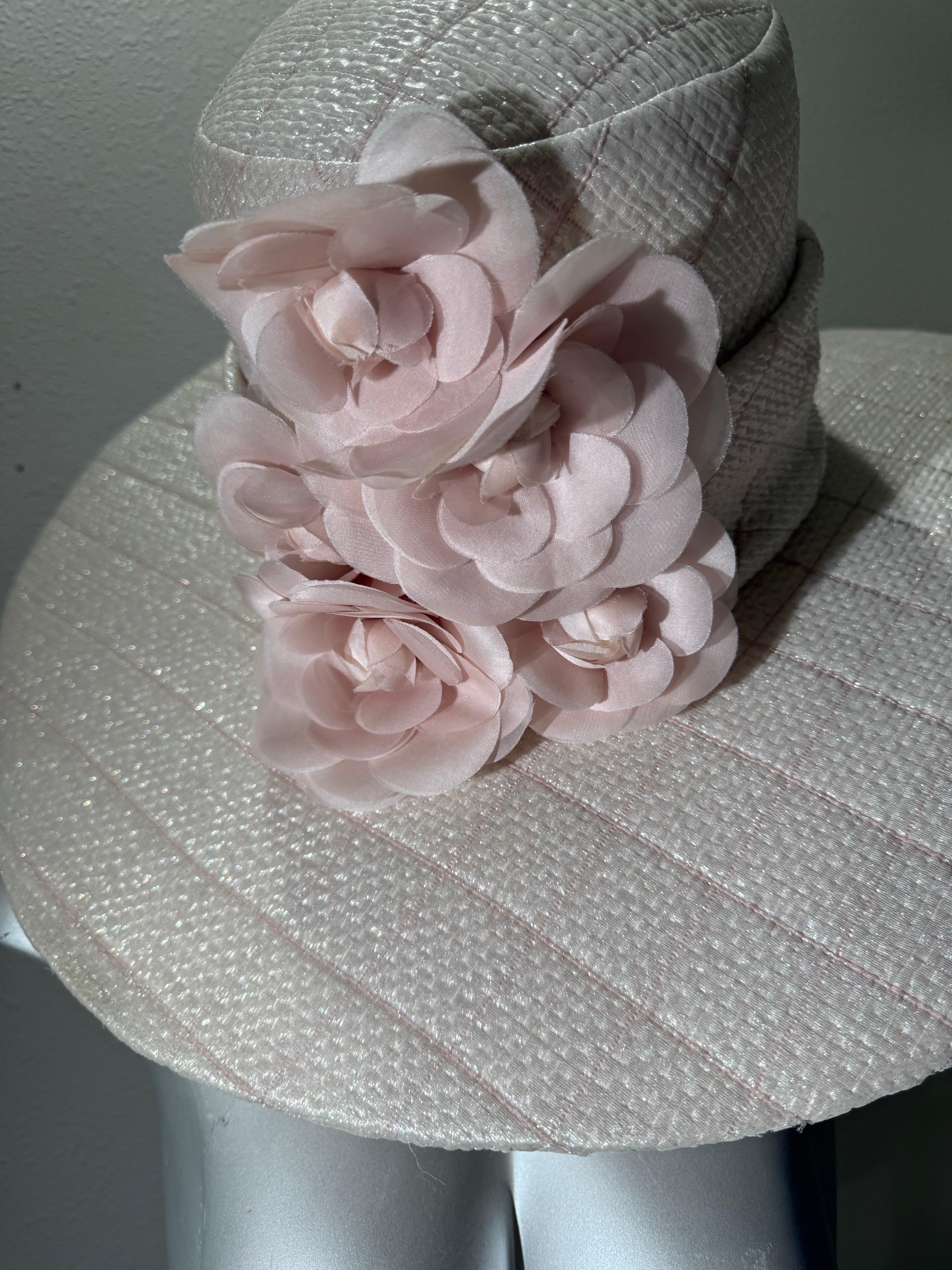 CUSTOM MADE Opalescent Tweed Wide Brimmed Quilted Chanel Fabric Fedora w Camelia (Grau) im Angebot