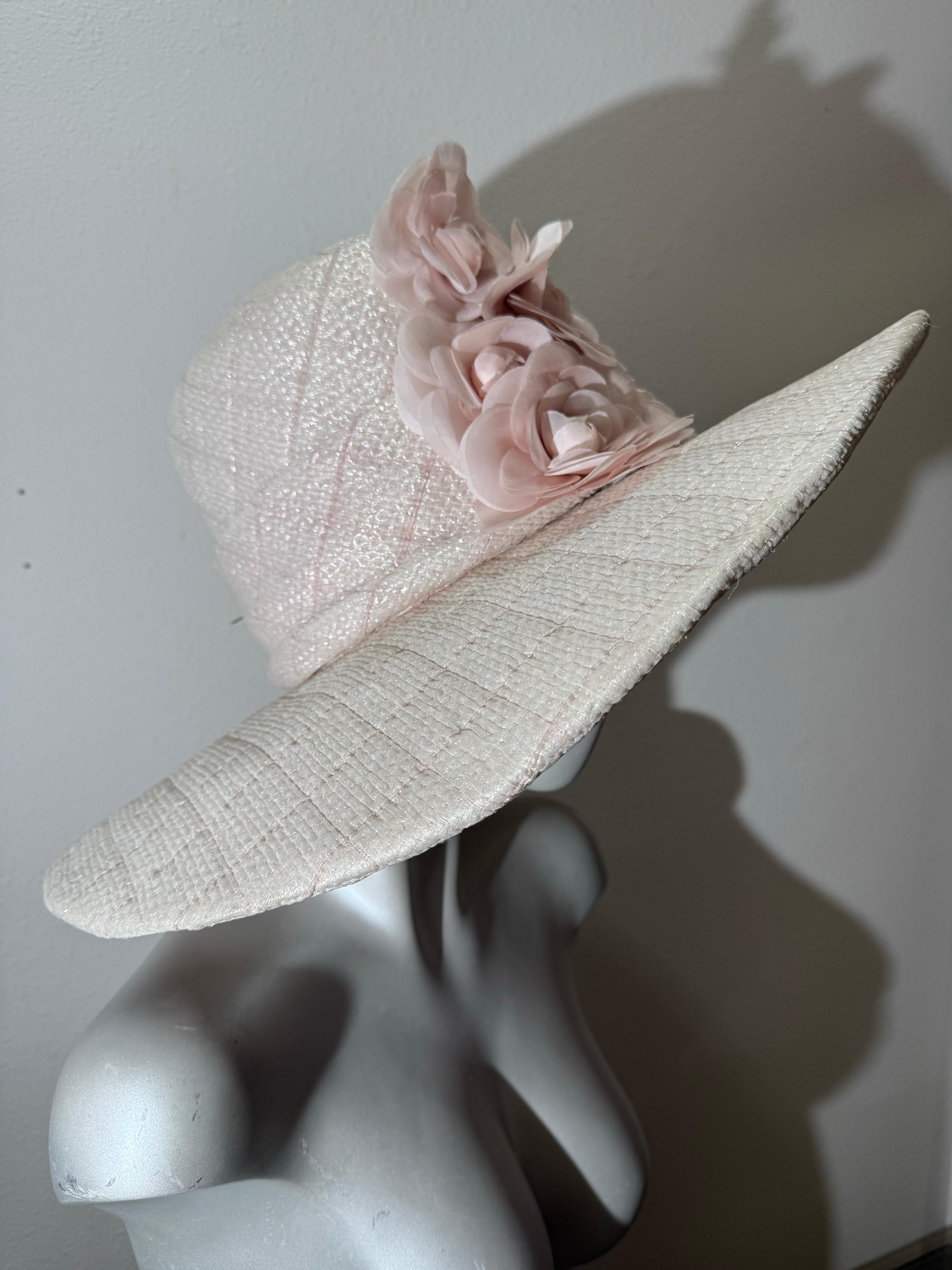 CUSTOM MADE Opalescent Tweed Wide Brimmed Quilted Chanel Fabric Fedora w Camelia im Angebot 1