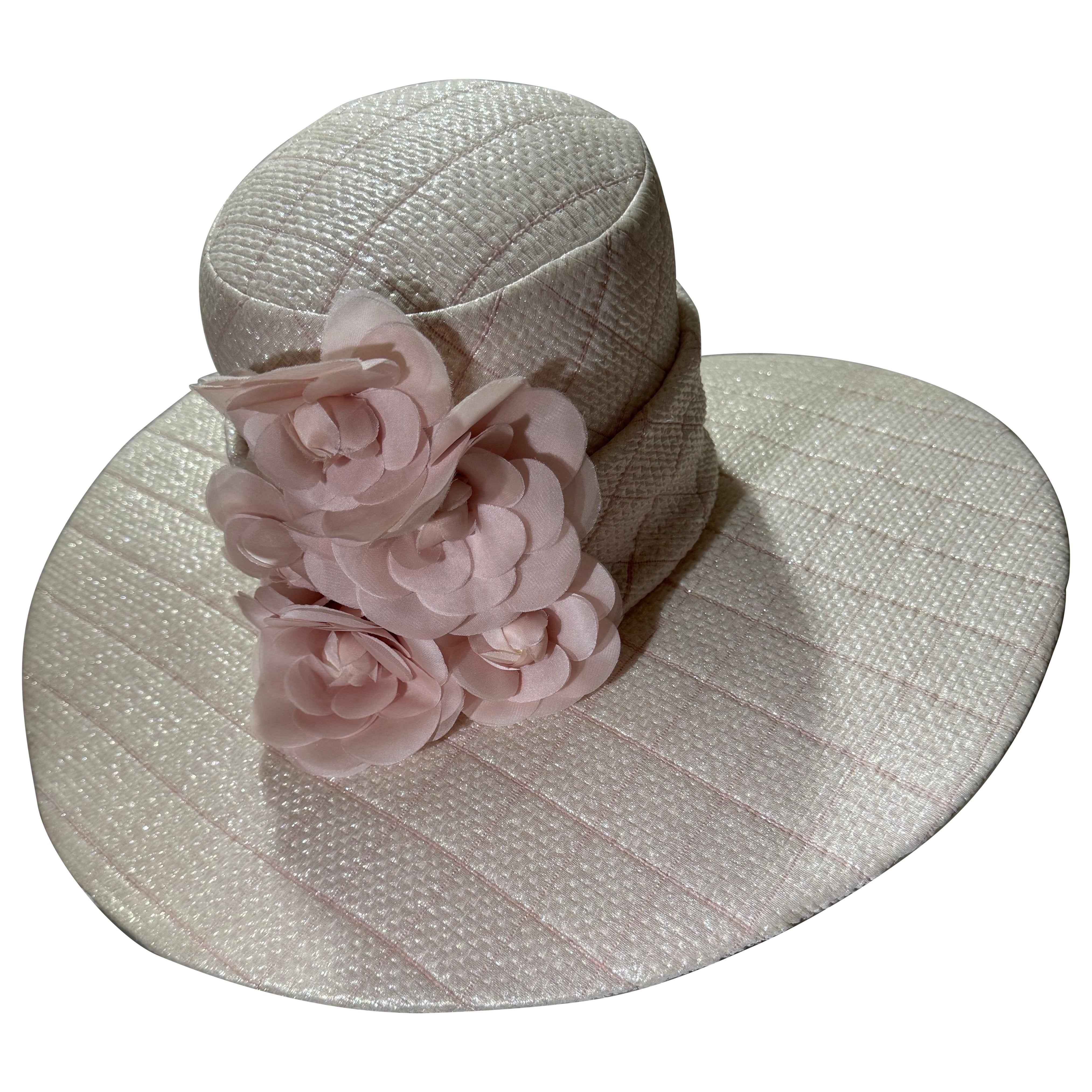 CUSTOM MADE Opalescent Tweed Wide Brimmed Quilted Chanel Fabric Fedora w Camelia im Angebot