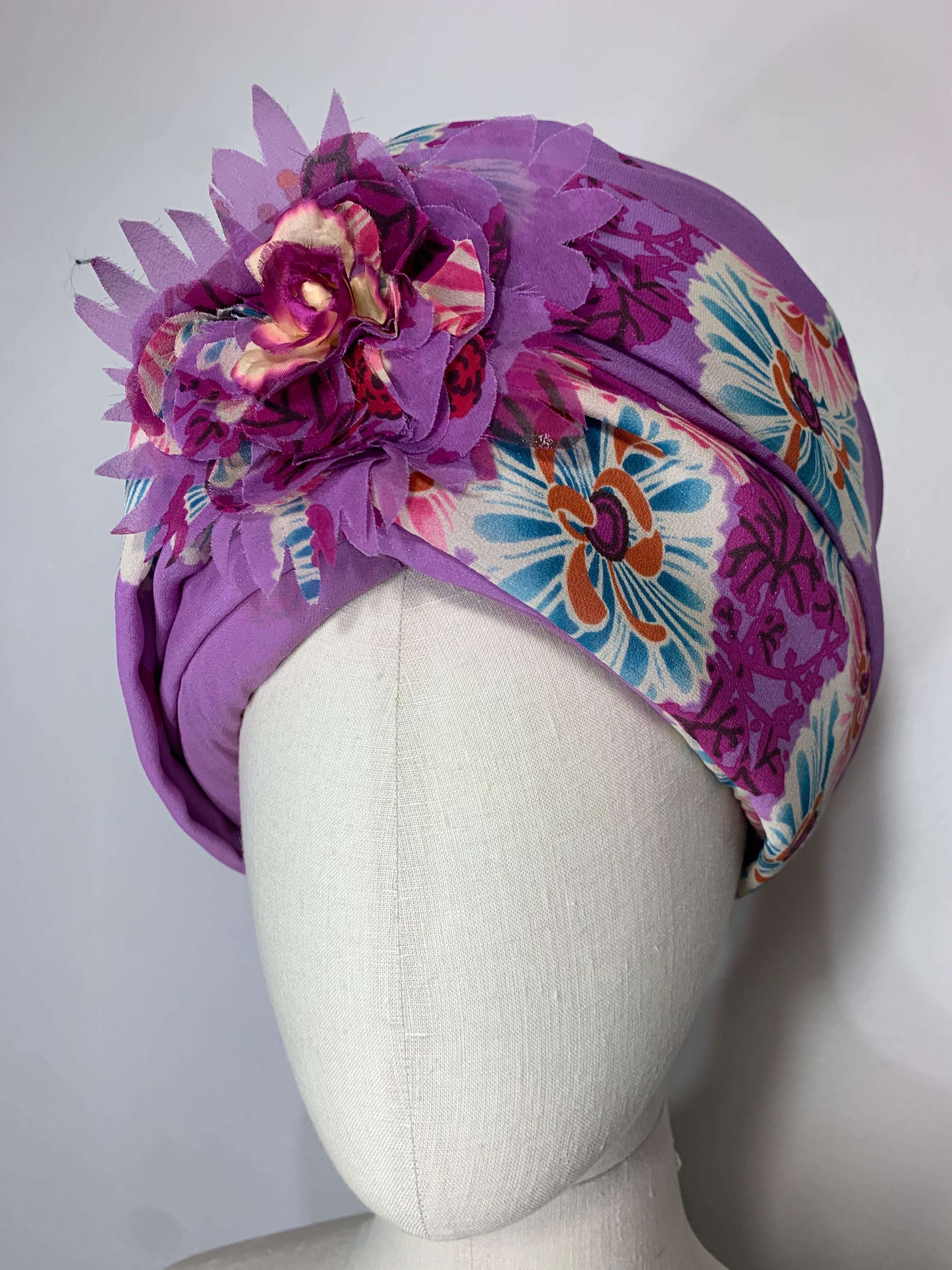 Custom-Made Orchid Pink Silk Chiffon Floral Print Turban w Floral Center & Pin For Sale 6
