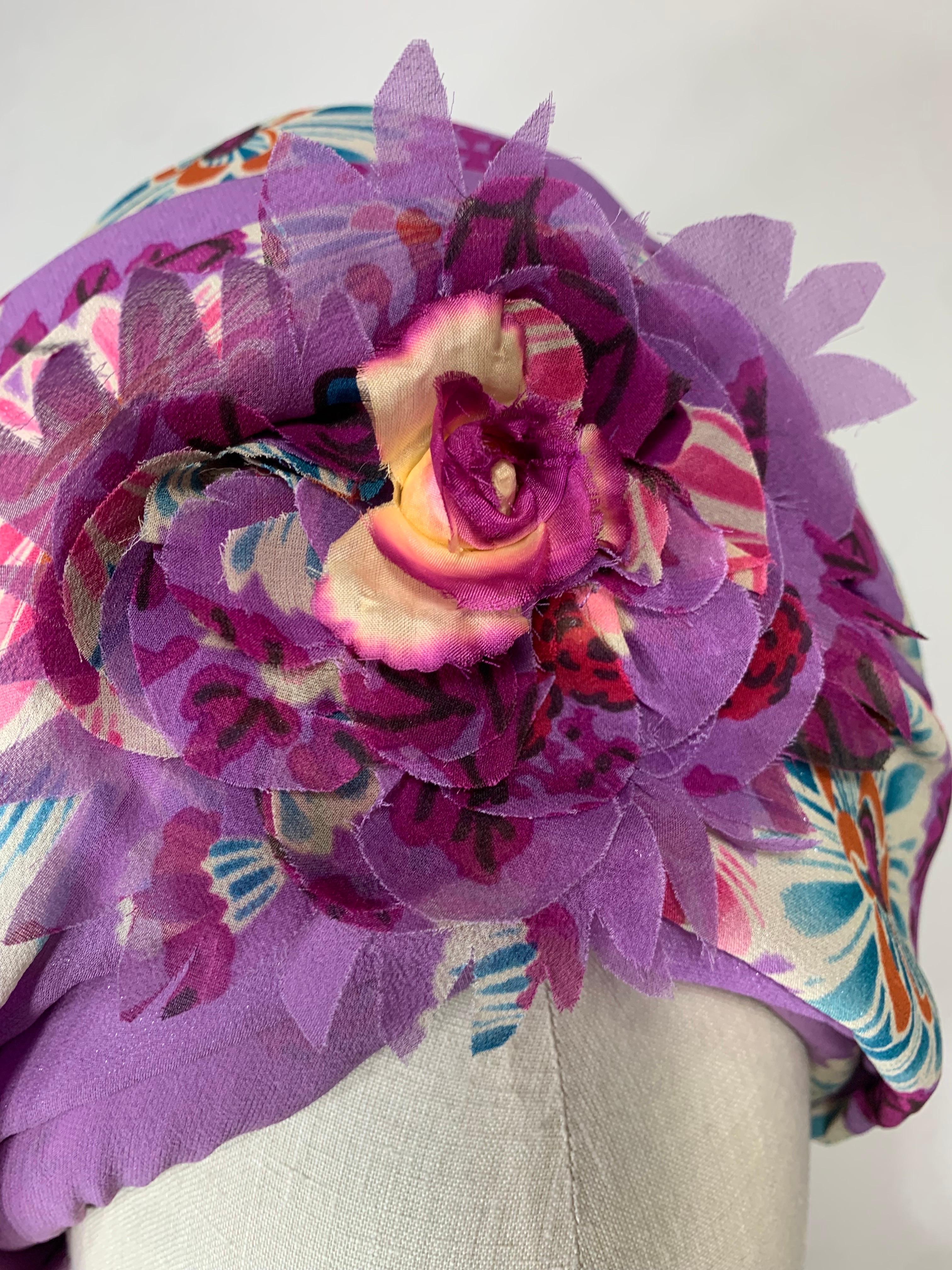 Custom-Made Orchid Pink Silk Chiffon Floral Print Turban w Floral Center & Pin In Excellent Condition For Sale In Gresham, OR