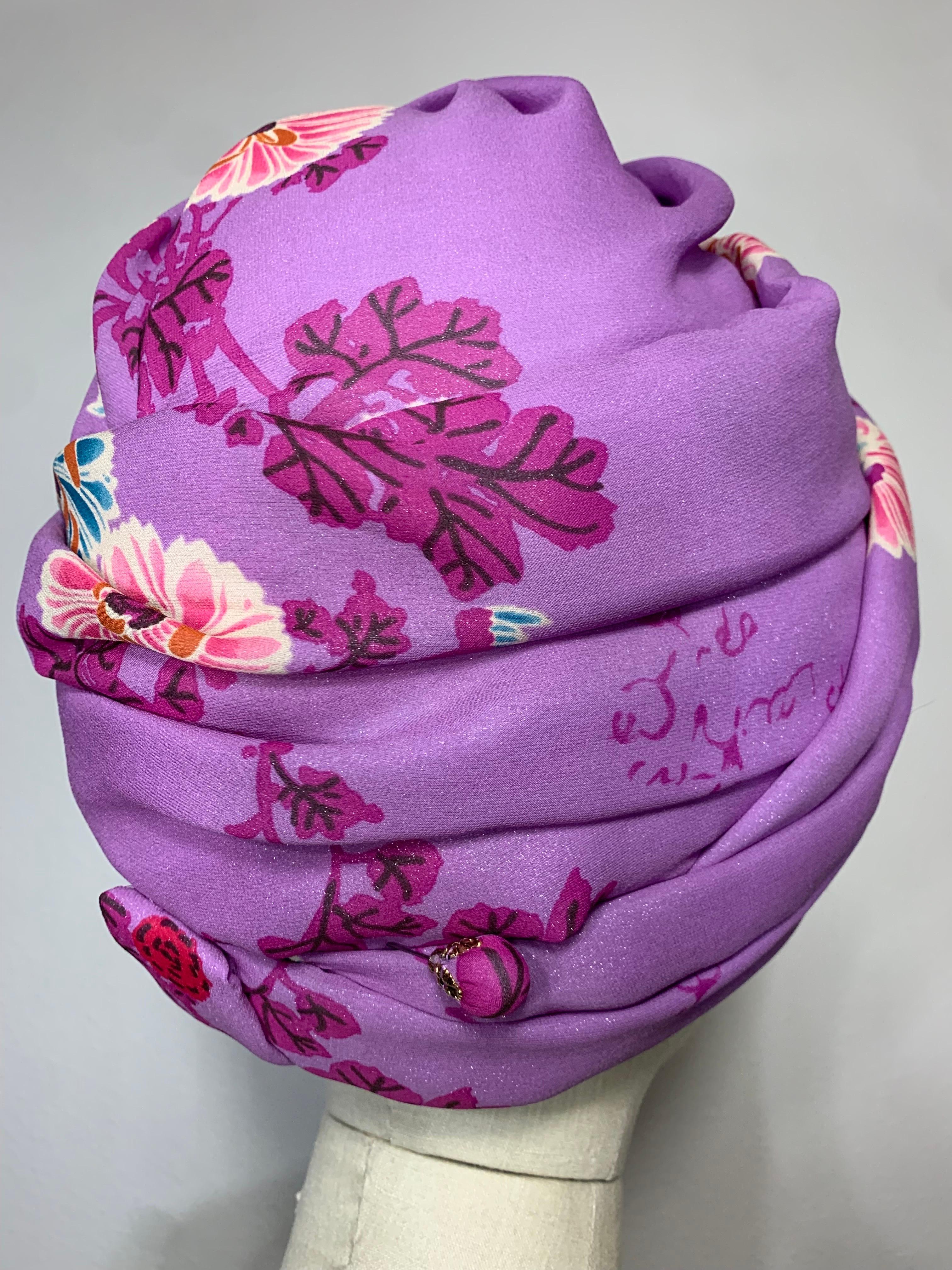 Custom-Made Orchid Pink Silk Chiffon Floral Print Turban w Floral Center & Pin For Sale 1