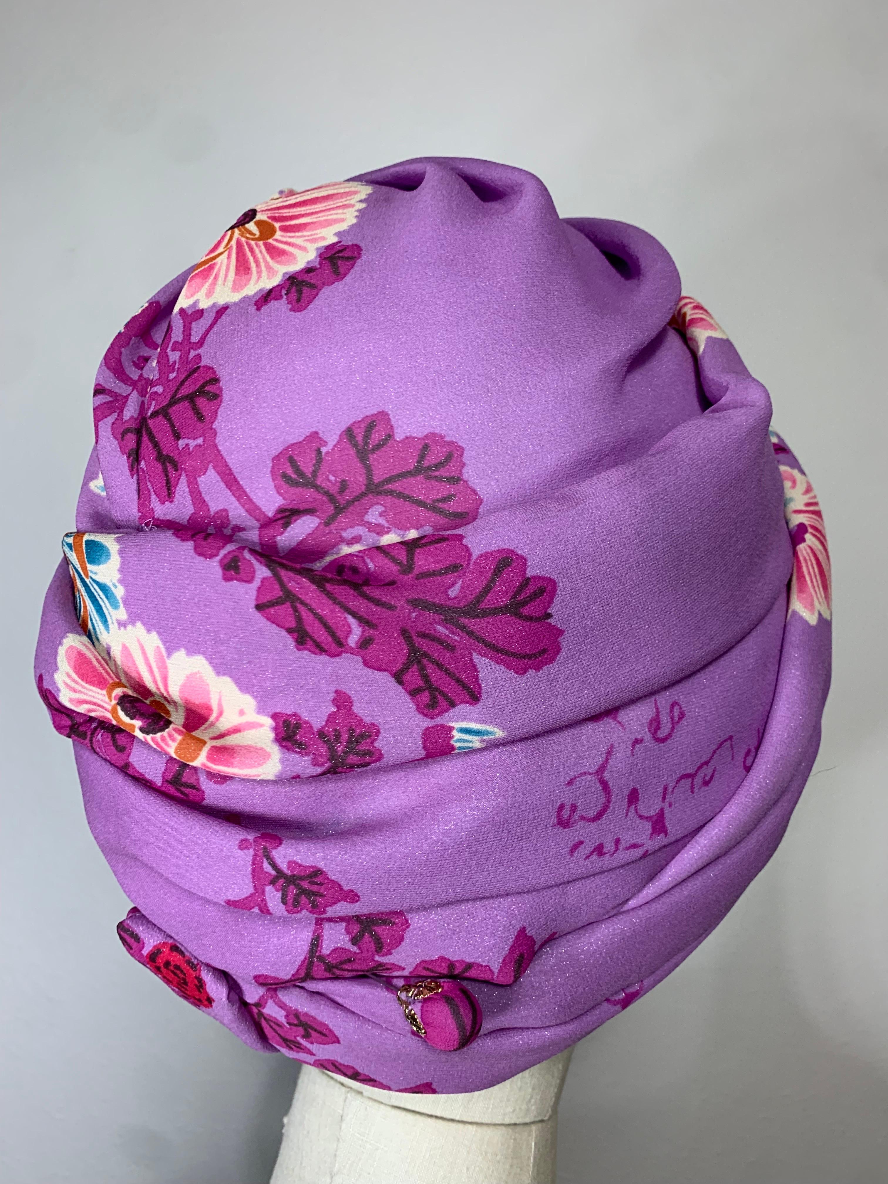 Custom-Made Orchid Pink Silk Chiffon Floral Print Turban w Floral Center & Pin For Sale 2