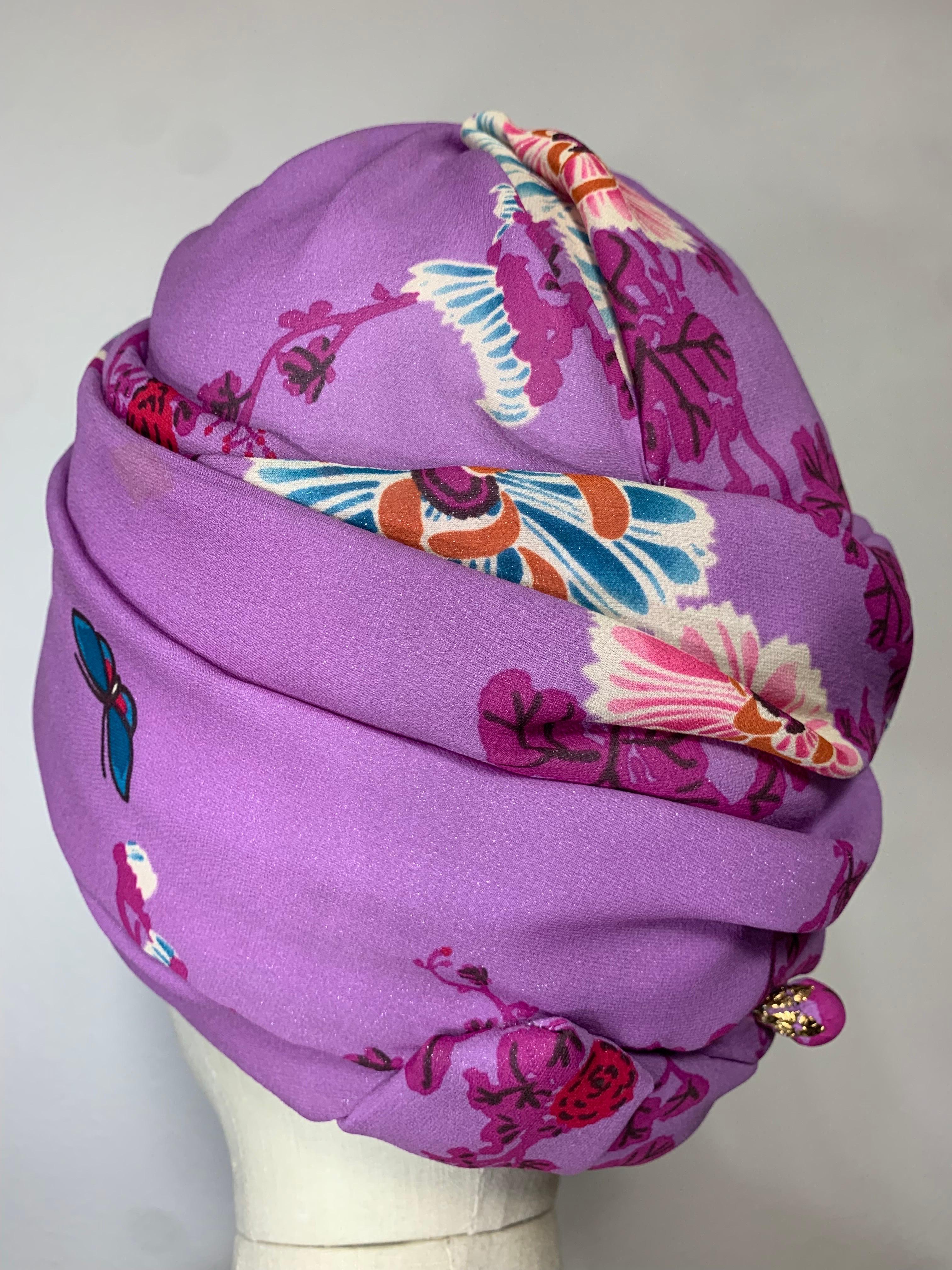 Custom-Made Orchid Pink Silk Chiffon Floral Print Turban w Floral Center & Pin For Sale 3