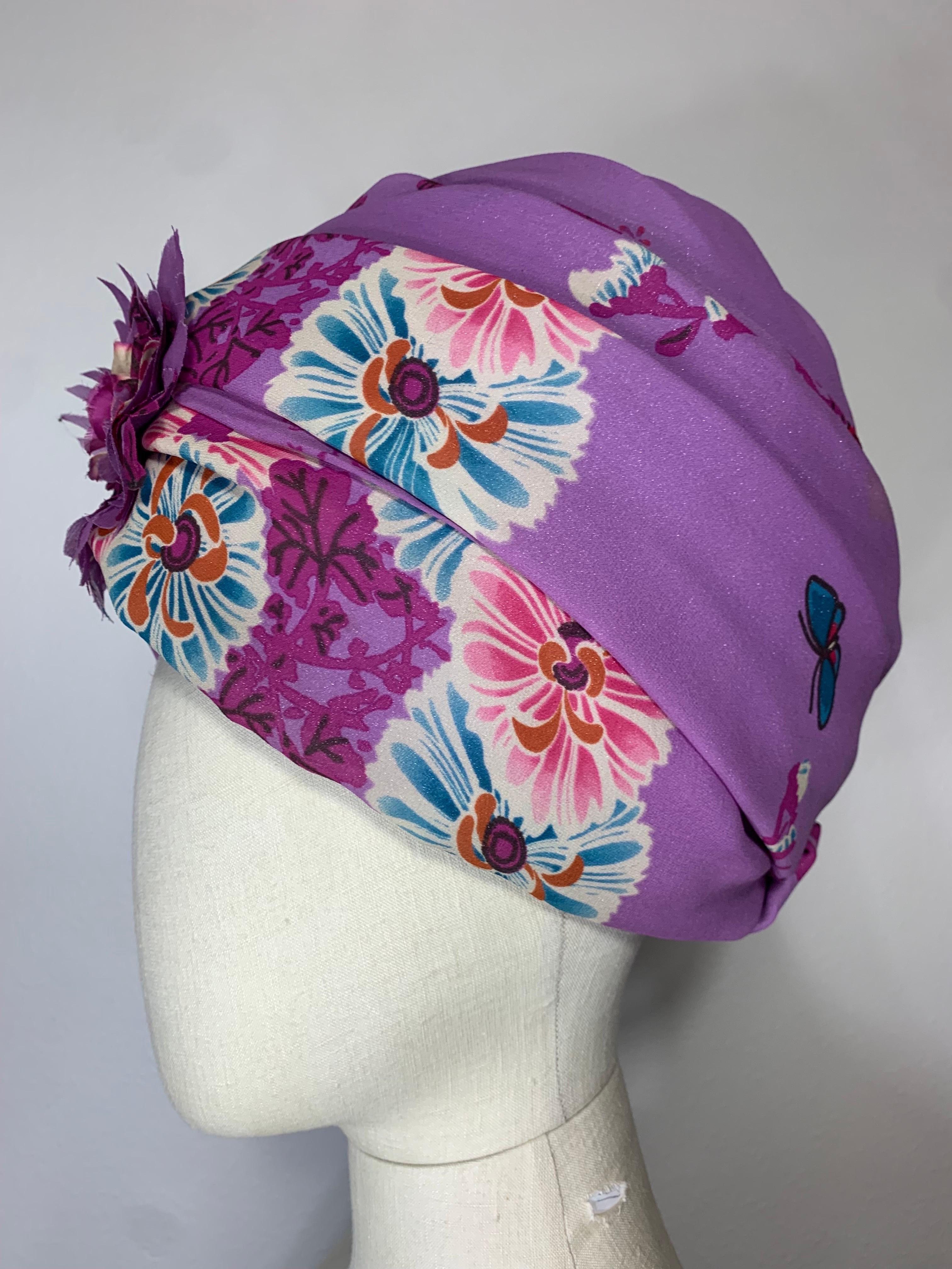 Custom-Made Orchid Pink Silk Chiffon Floral Print Turban w Floral Center & Pin For Sale 4