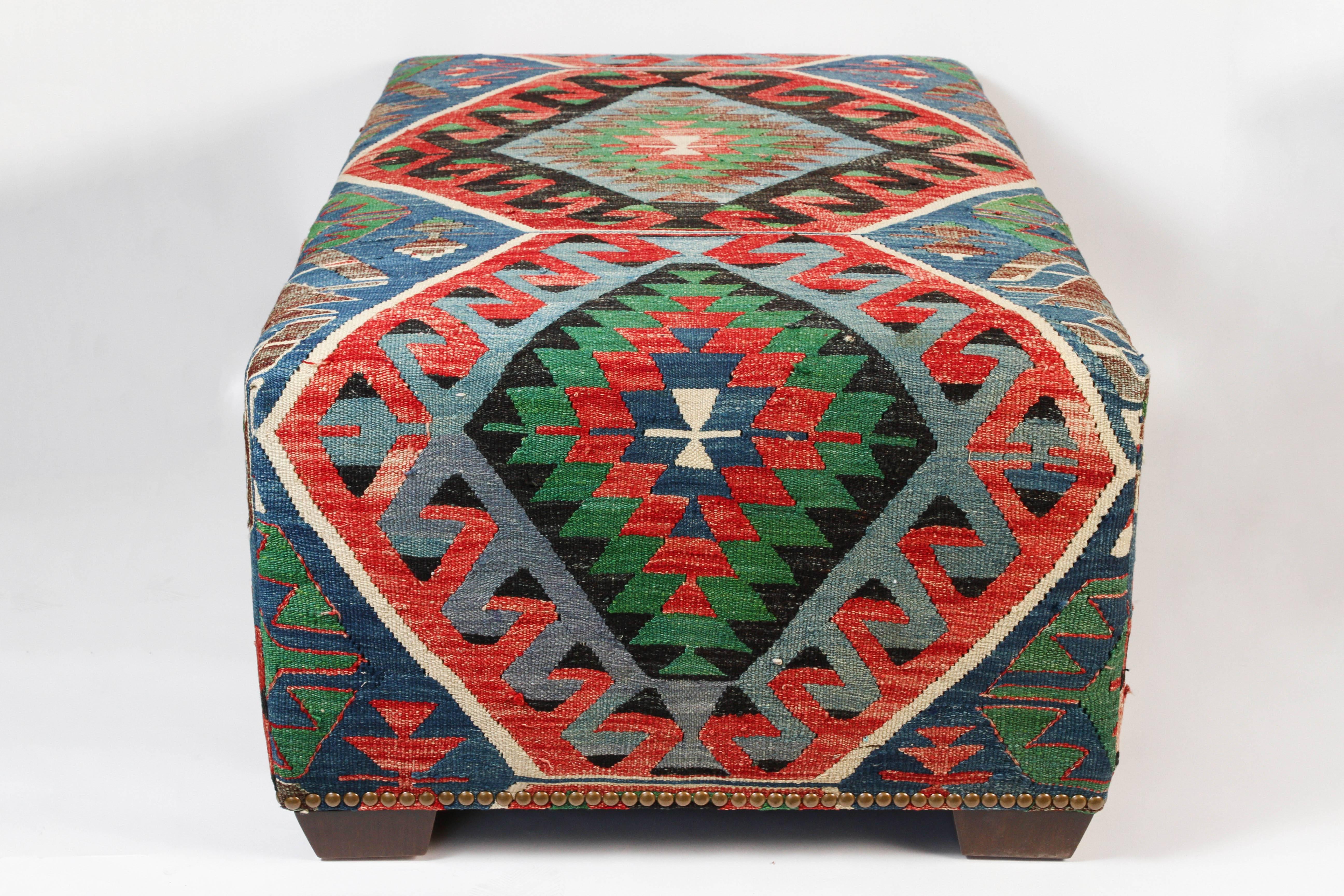 Custom-Made Ottoman Bench Using a Vintage Wool Kilim Rug with Nailhead Trim In Excellent Condition In Pasadena, CA