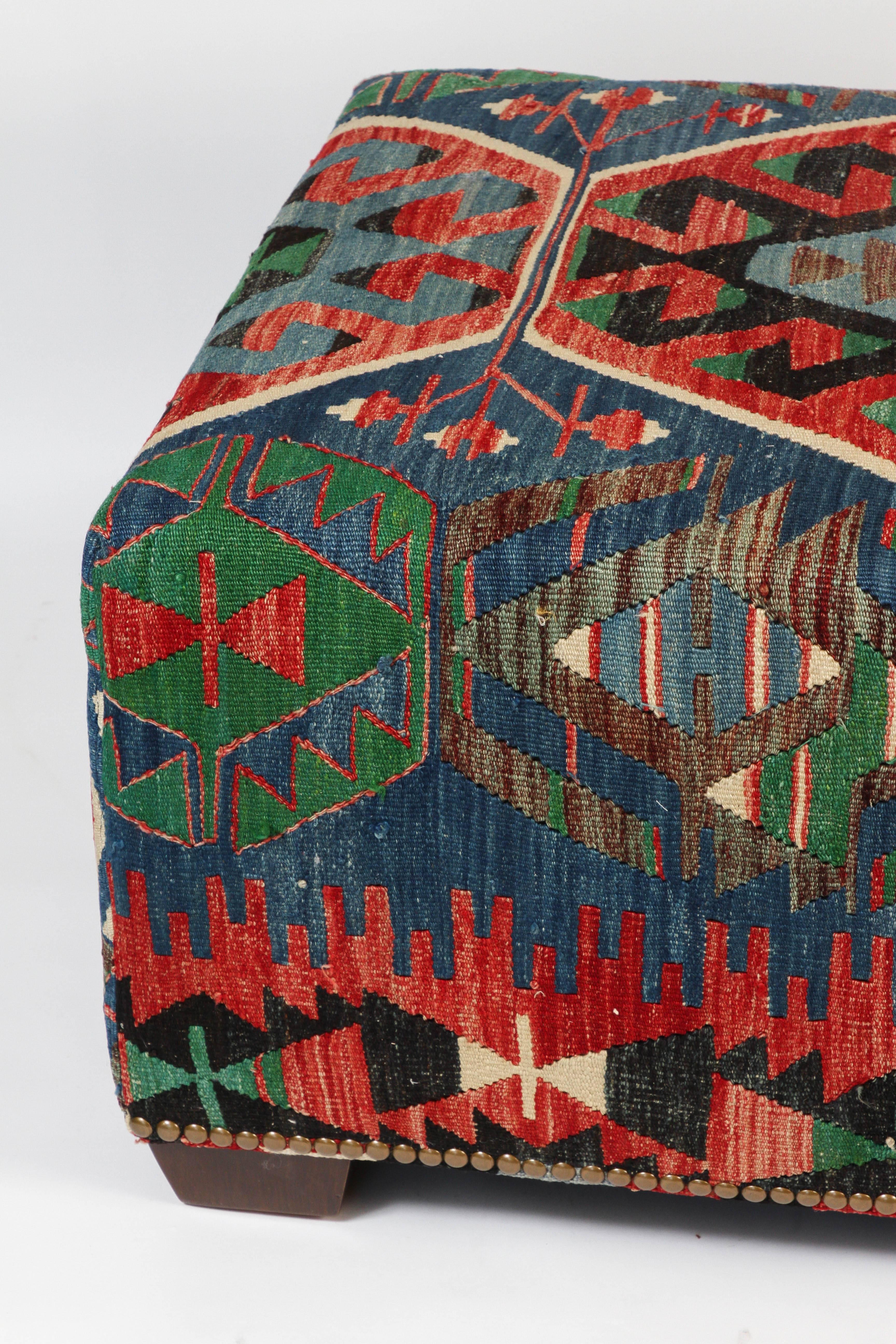20th Century Custom-Made Ottoman Bench Using a Vintage Wool Kilim Rug with Nailhead Trim