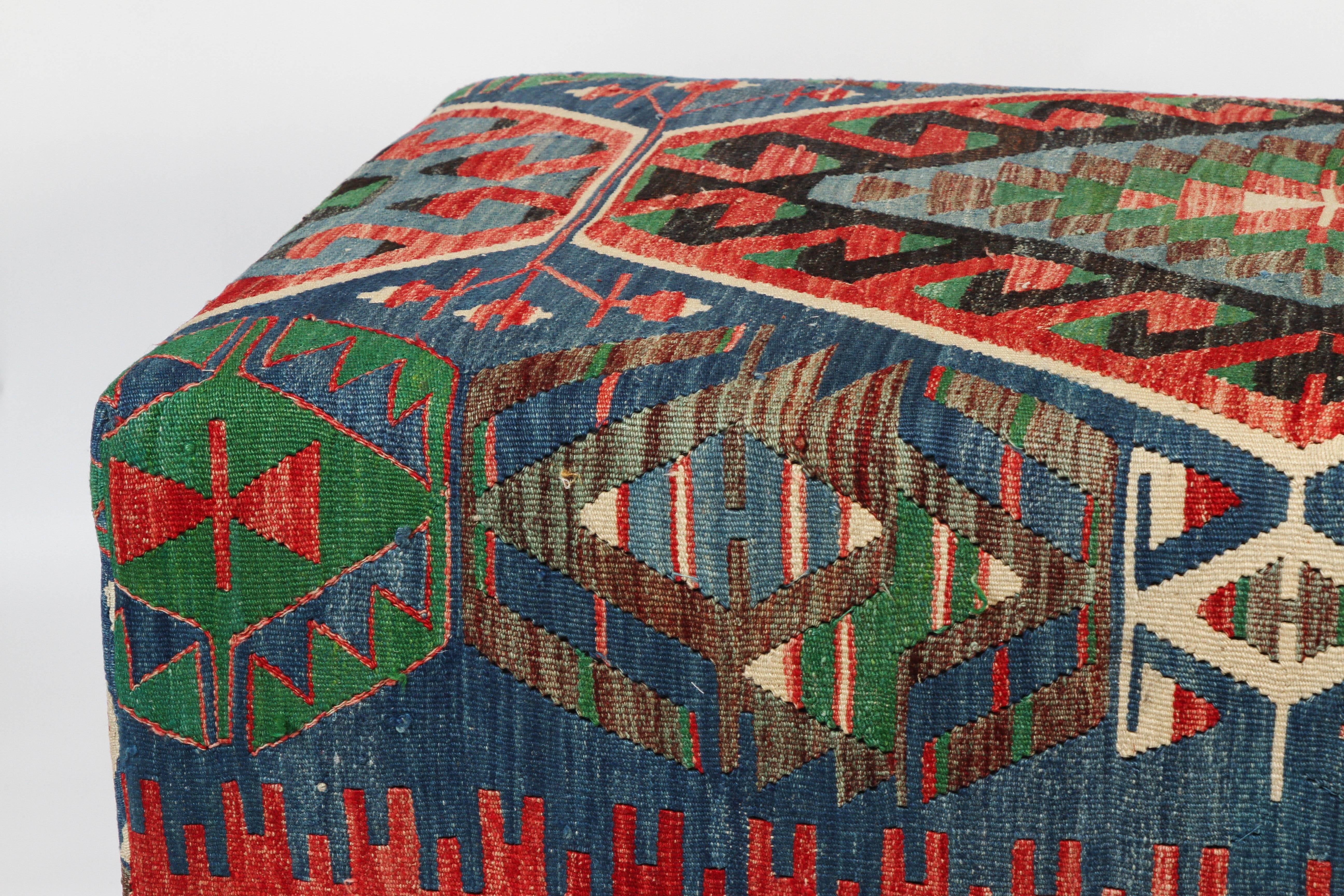 Fabric Custom-Made Ottoman Bench Using a Vintage Wool Kilim Rug with Nailhead Trim