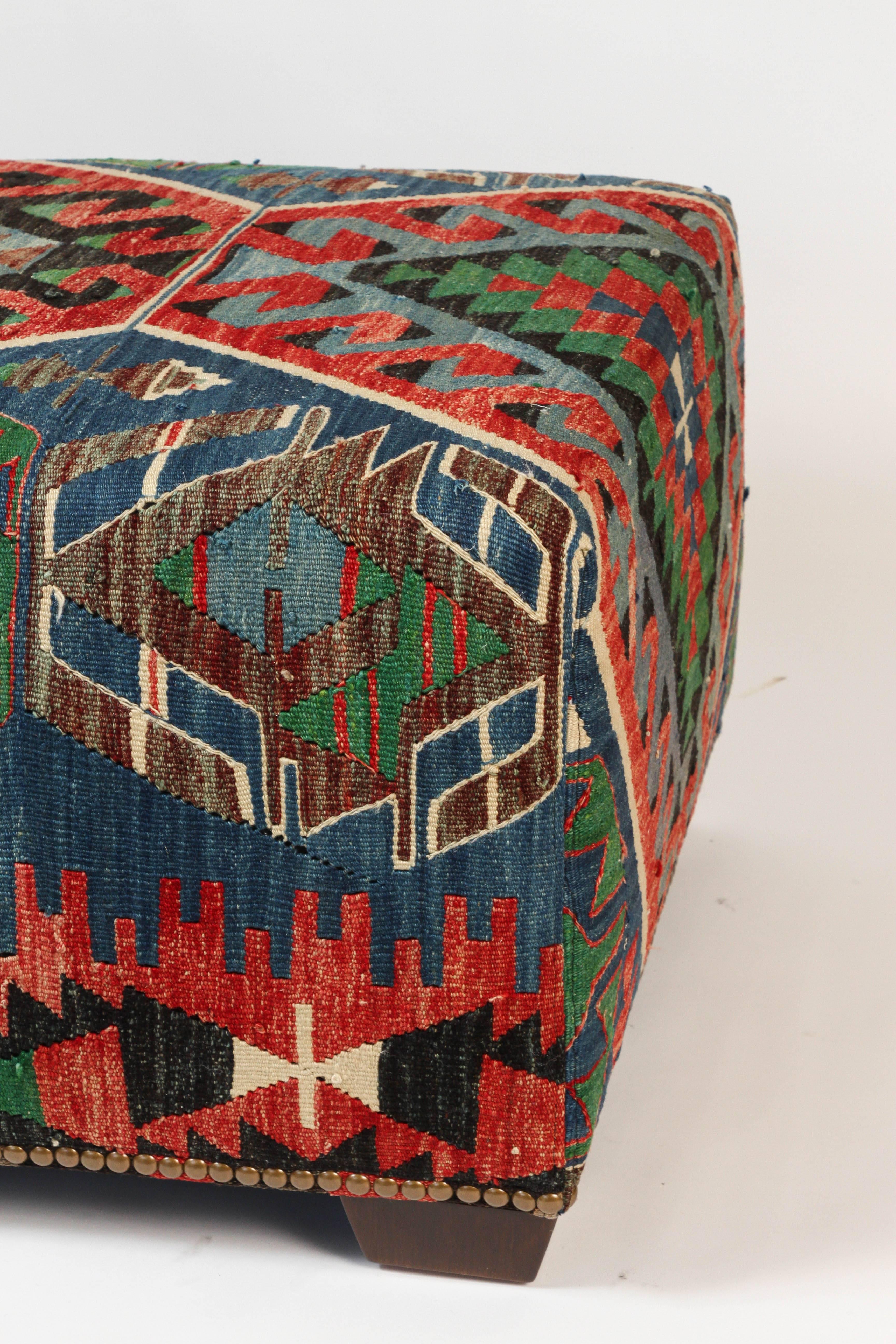 Custom-Made Ottoman Bench Using a Vintage Wool Kilim Rug with Nailhead Trim 1