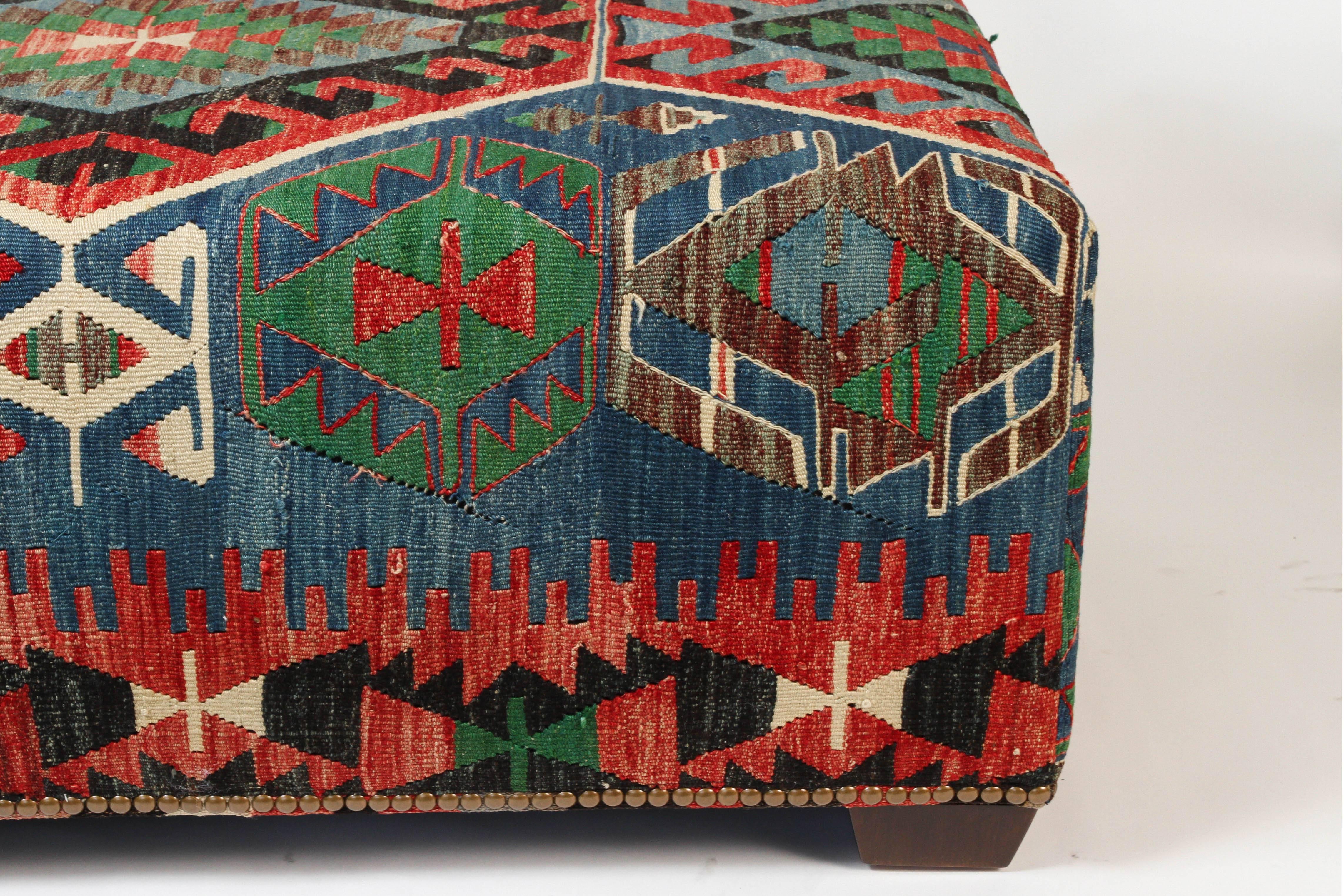 Custom-Made Ottoman Bench Using a Vintage Wool Kilim Rug with Nailhead Trim 2