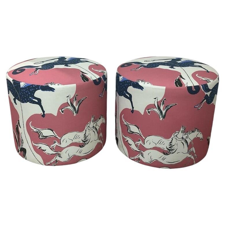 Custom made Ottomans with Walter Lee Culp, Hermes Style Fabric 2 Available For Sale