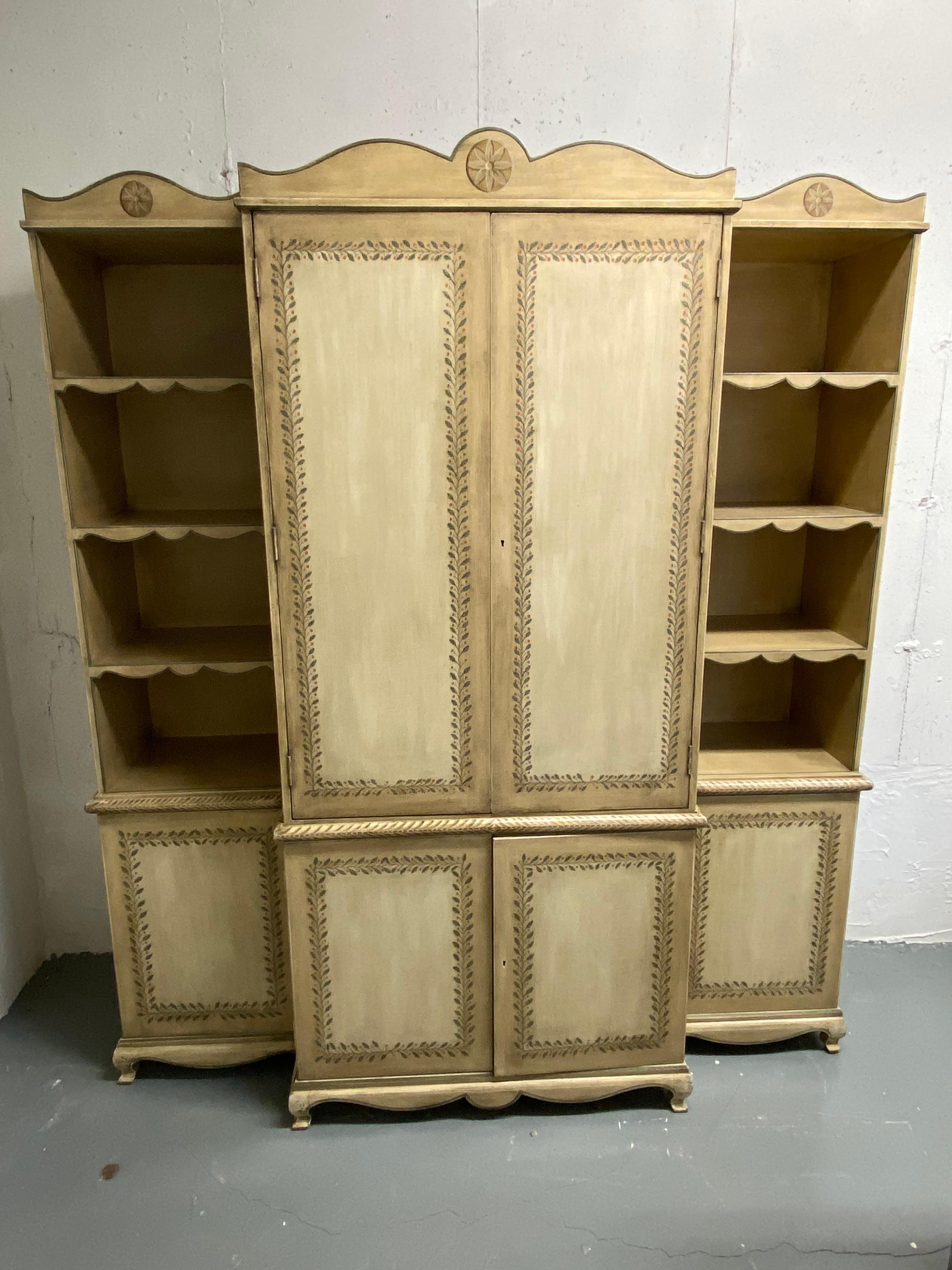 Custom Made & Painted French Provincial Style Cabinet in Painted Leaf Design. A beautifully painted faux finish in an antique white & grey background with green leaf and berry design on the interior perimeter of each door.  Louis XVth styling on