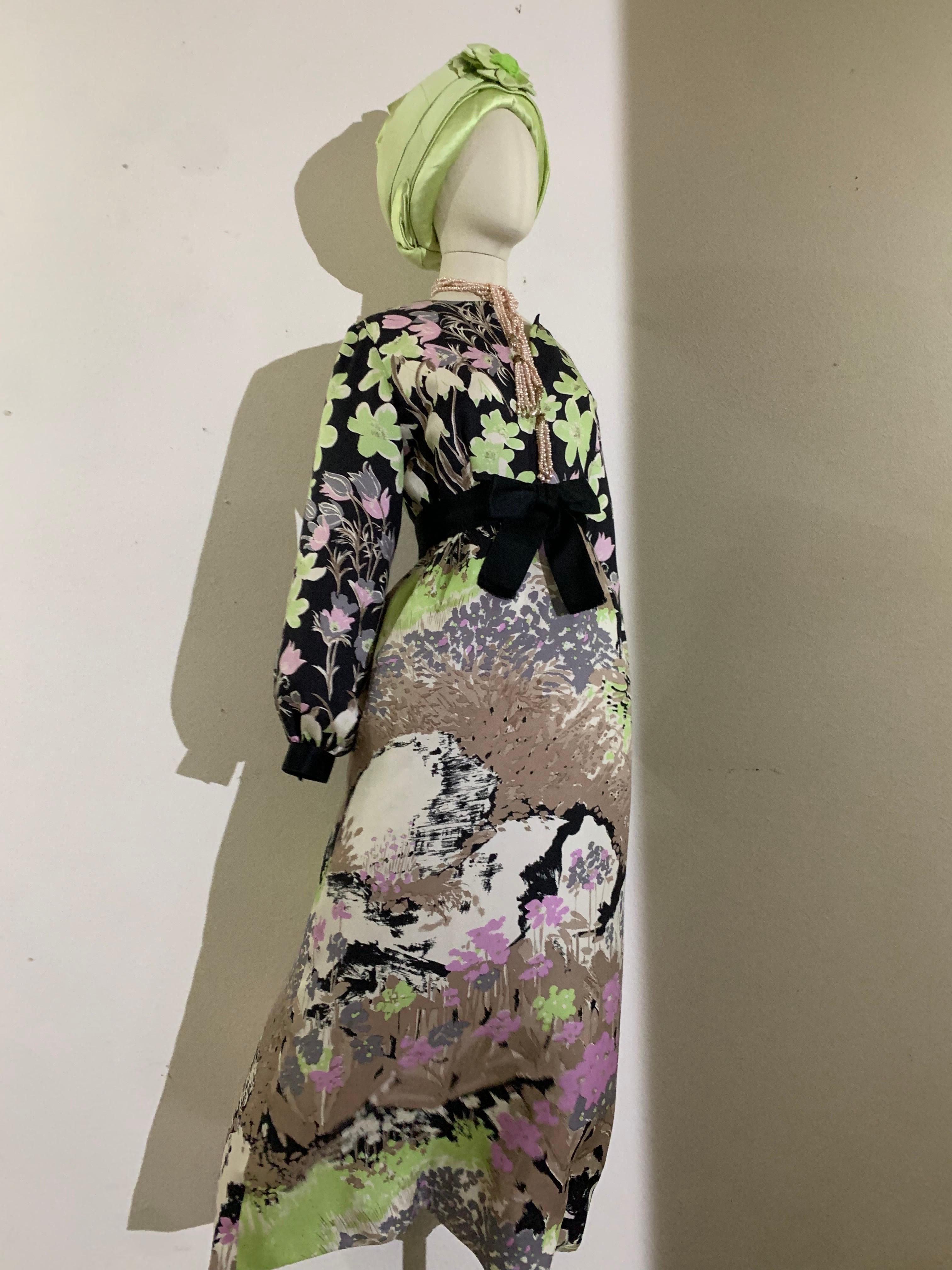 Custom-Made Pastel Green Silk Padded and Wrapped Turban w Center Flower For Sale 5