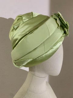 Custom-Made Pastel Green Silk Padded and Wrapped Turban w Center Flower