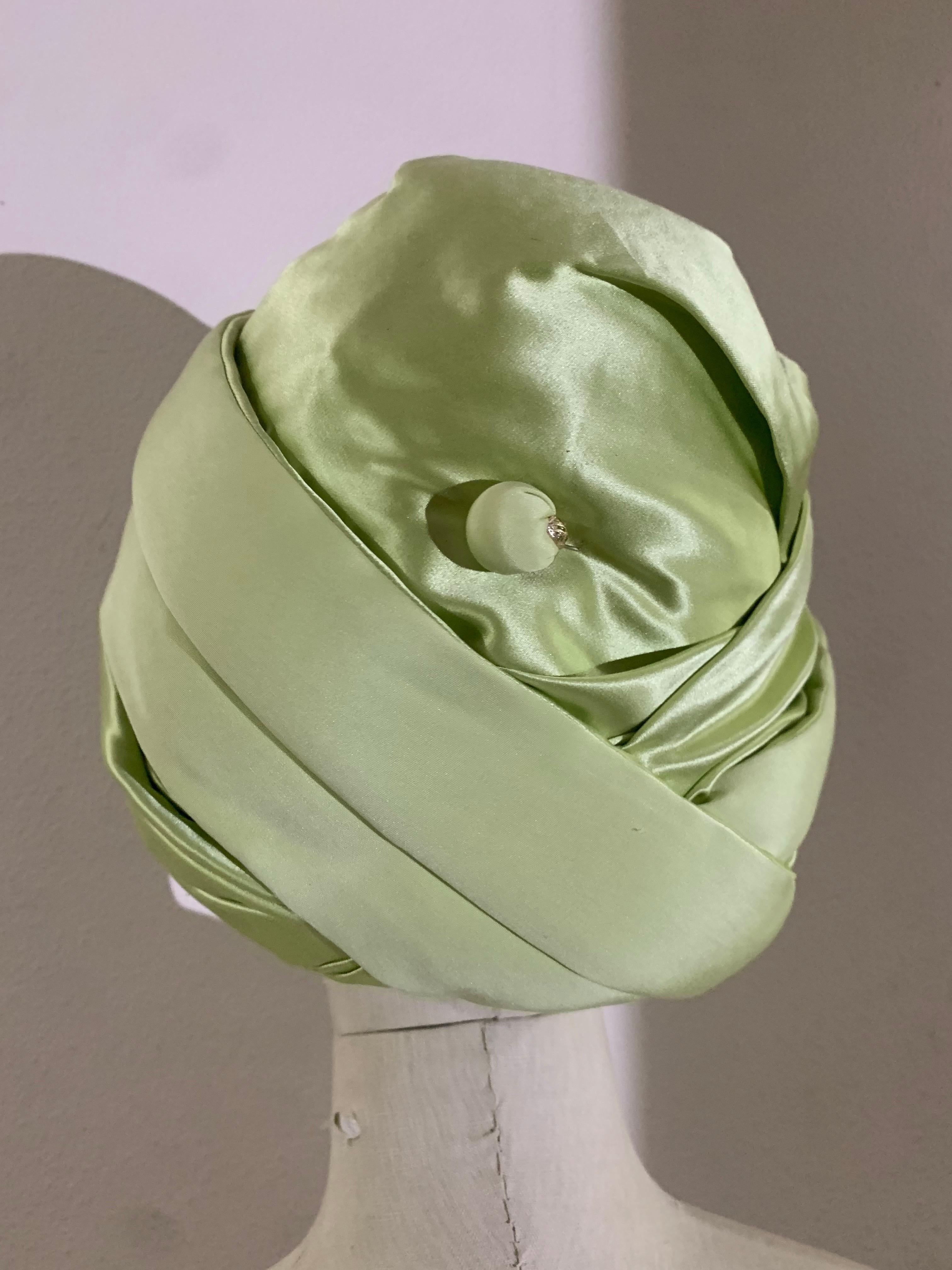 Custom-Made Pastel Green Silk Padded and Wrapped Turban w Center Flower In Excellent Condition For Sale In Gresham, OR