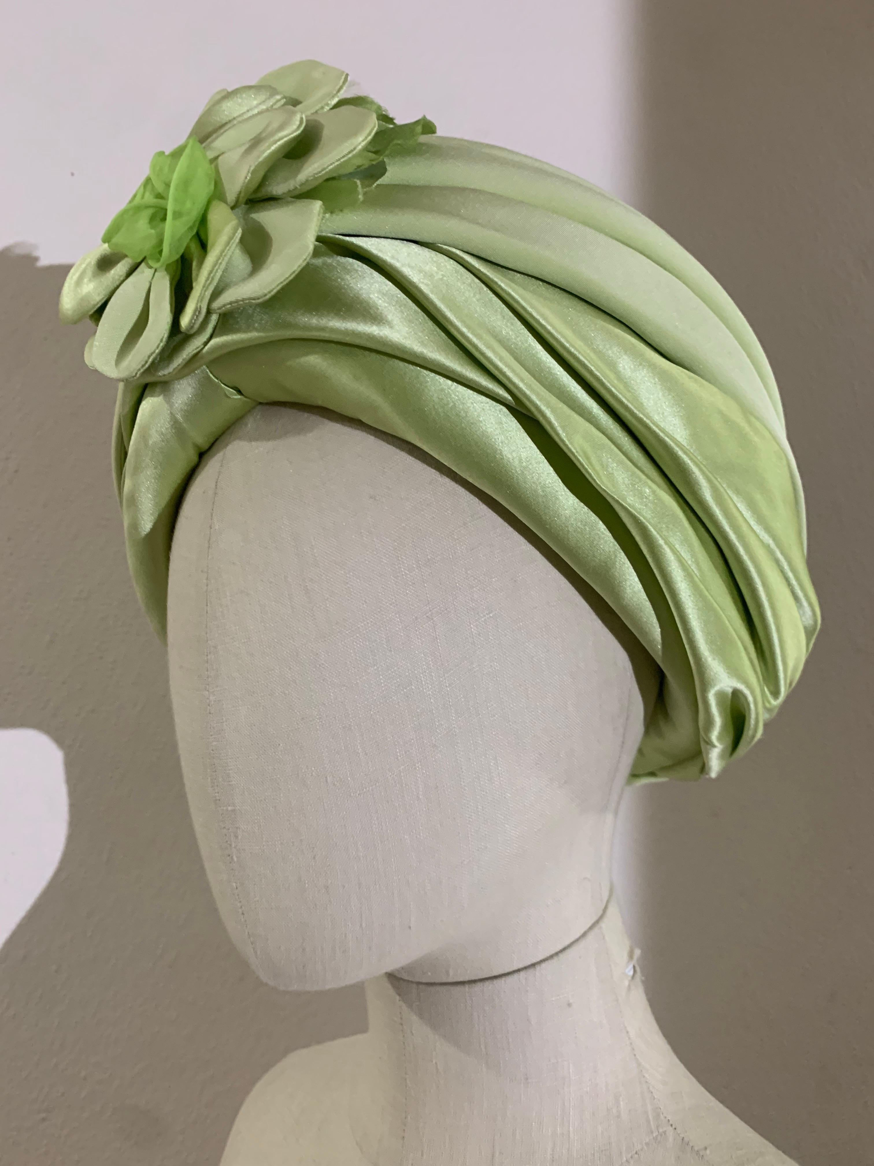 Women's or Men's Custom-Made Pastel Green Silk Padded and Wrapped Turban w Center Flower For Sale