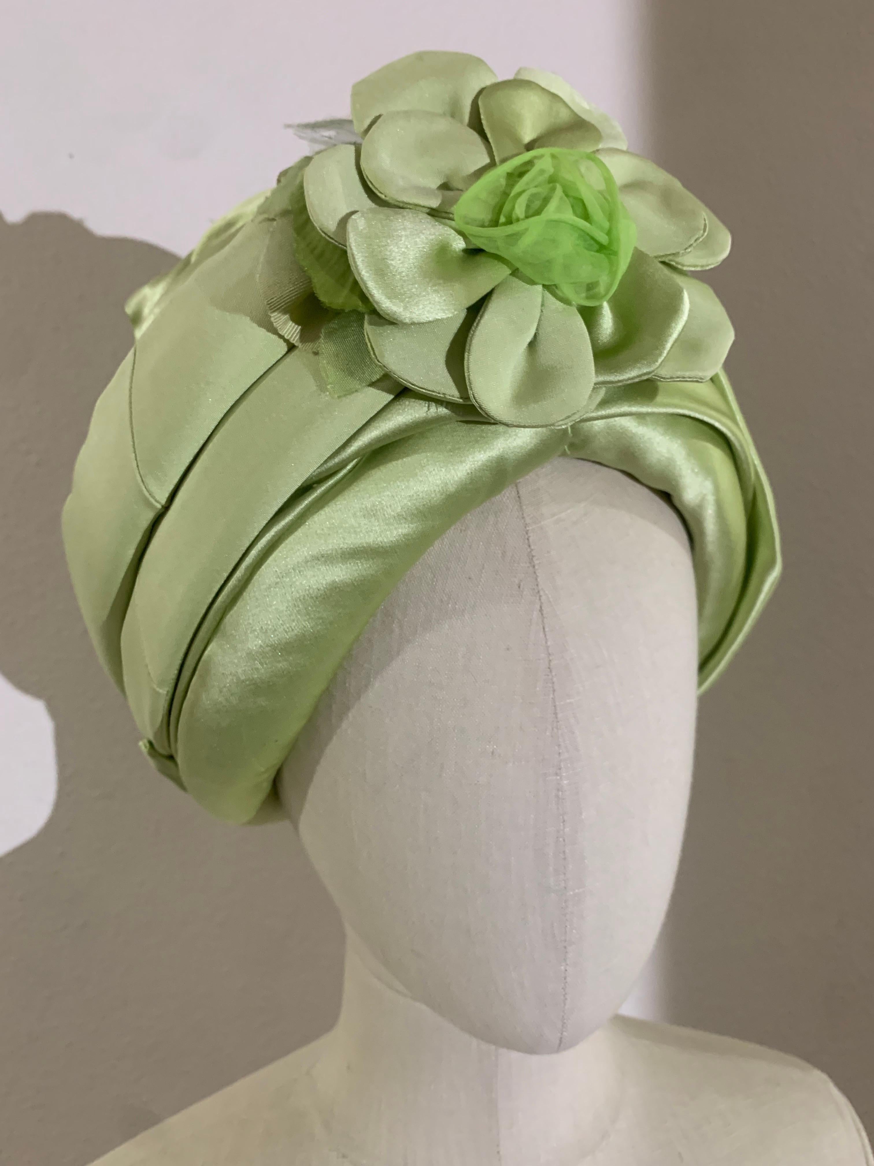 Custom-Made Pastel Green Silk Padded and Wrapped Turban w Center Flower For Sale 1