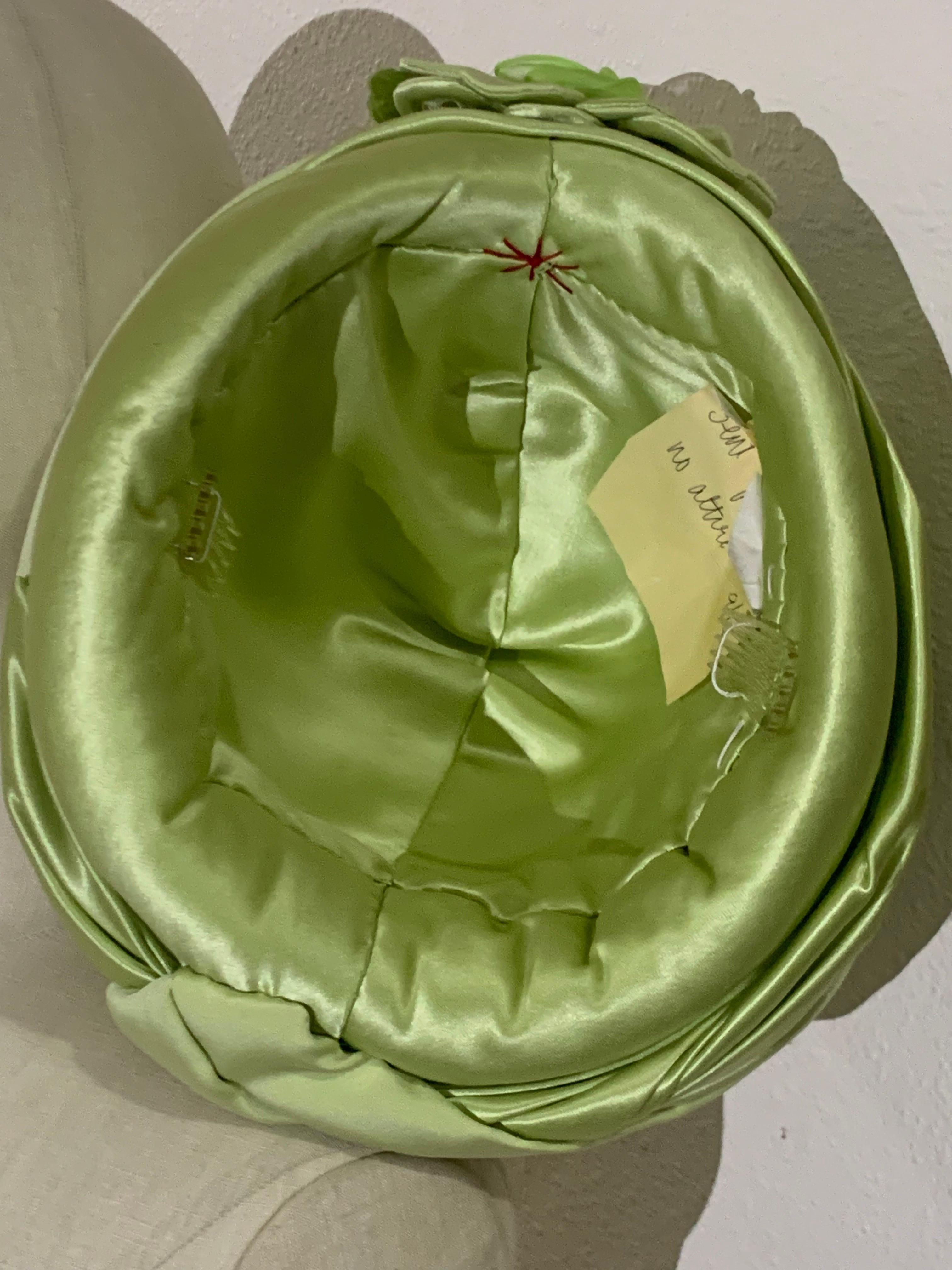 Custom-Made Pastel Green Silk Padded and Wrapped Turban w Center Flower For Sale 2