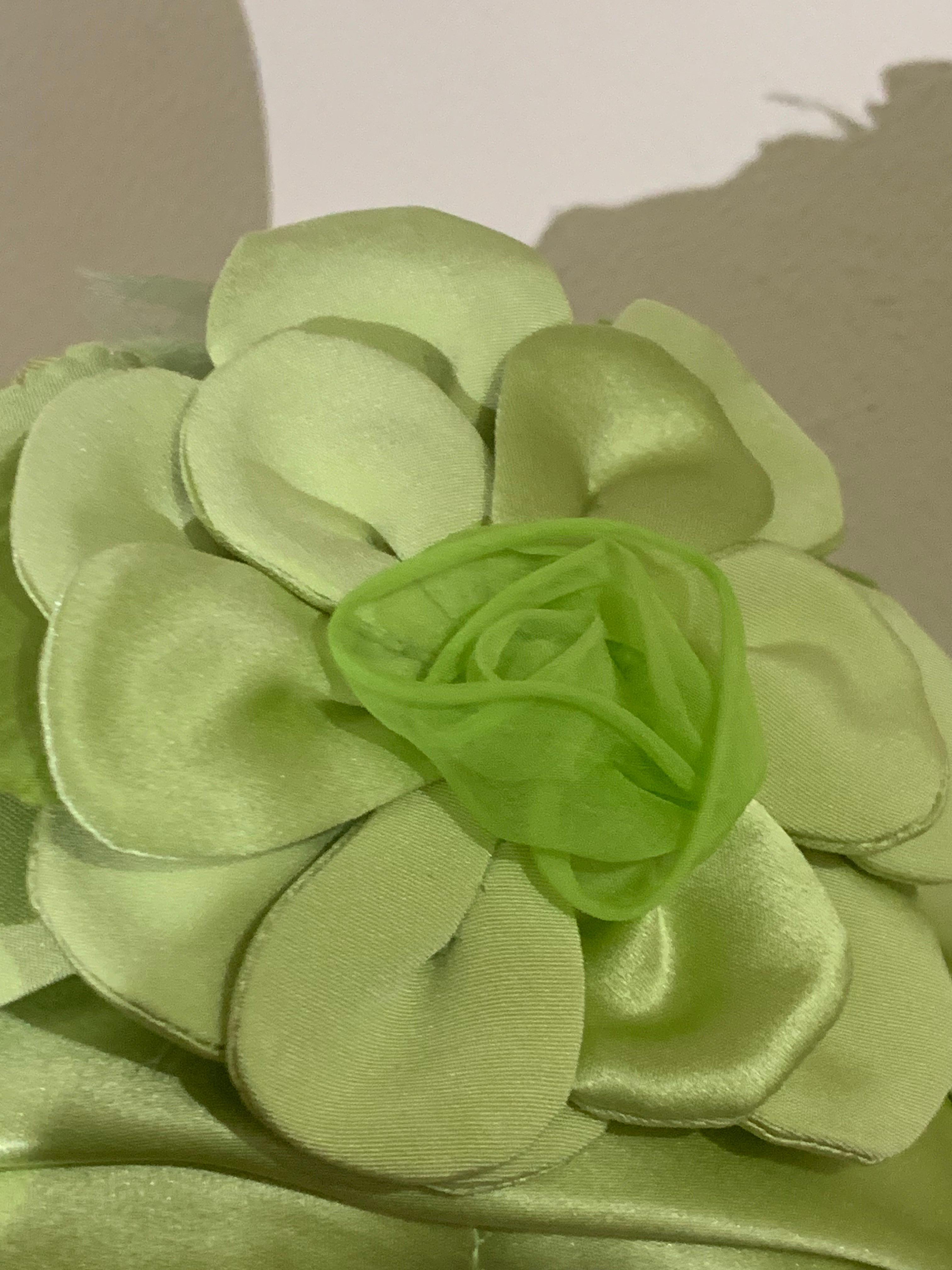 Custom-Made Pastel Green Silk Padded and Wrapped Turban w Center Flower For Sale 3
