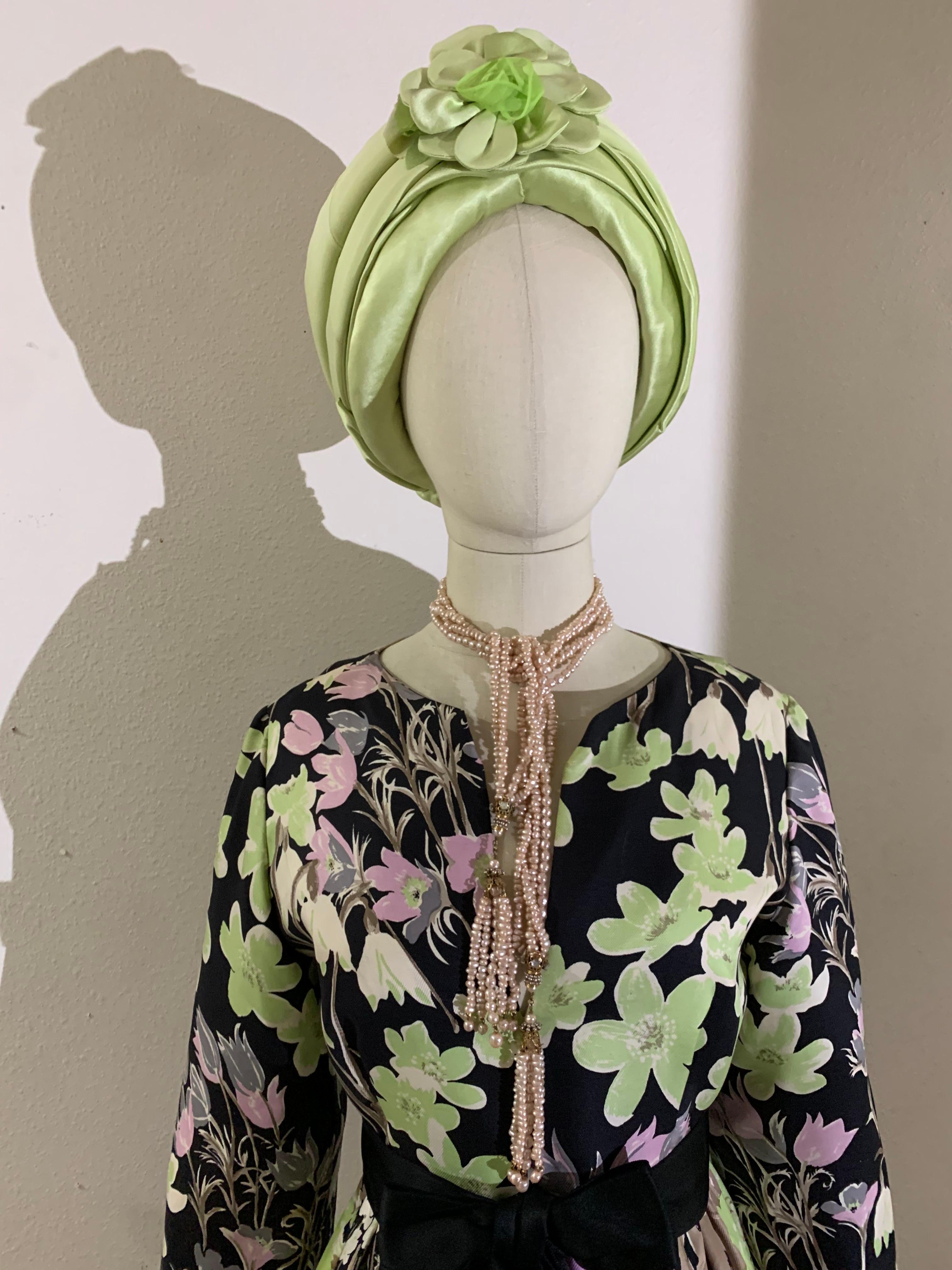 Custom-Made Pastel Green Silk Padded and Wrapped Turban w Center Flower For Sale 4
